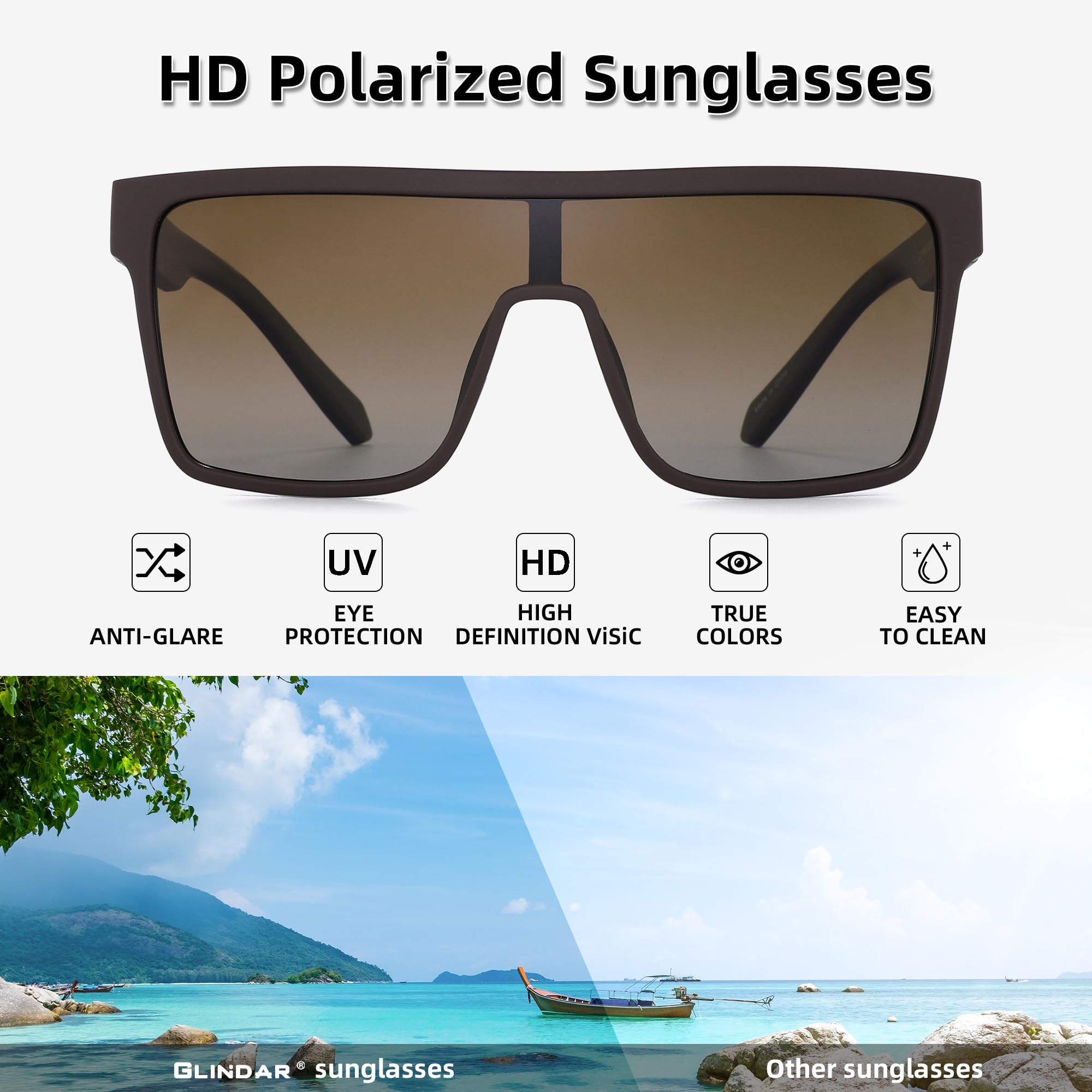 GLINDAR Polarized Square Sunglasses for Women & Men - Oversized Flat Top Shield Sports Glasses for Running, Cycling, Driving & Outdoor Activities