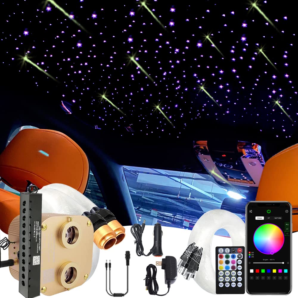 20W Dual Port Bluetooth RGBW Fiber Optic Star Ceiling Kit - 1000pcs 0.03in 13.1ft Twinkle & Meteor Effect with APP/Remote Control & Music Sync - Perfect for Car Headliner & Home Decor (Bedroom, Theater, Party Lighting)