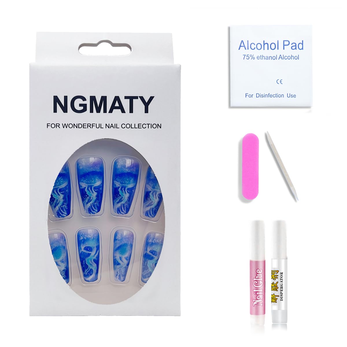 Glow in The Dark Press On Nails - Medium Length Blue Jellyfish Design Gel Fake Nails with 12 Sizes (24 Pcs) | Perfect for Parties, Halloween, Raves & Night Events