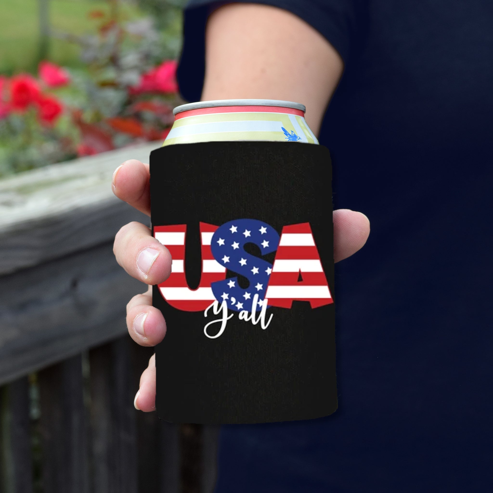 USA Y'all Can Coozie - Insulated Beer Can Holder for 12oz Cans, Patriotic American Flag Design - Perfect for Tailgating, BBQs, and Outdoor Parties