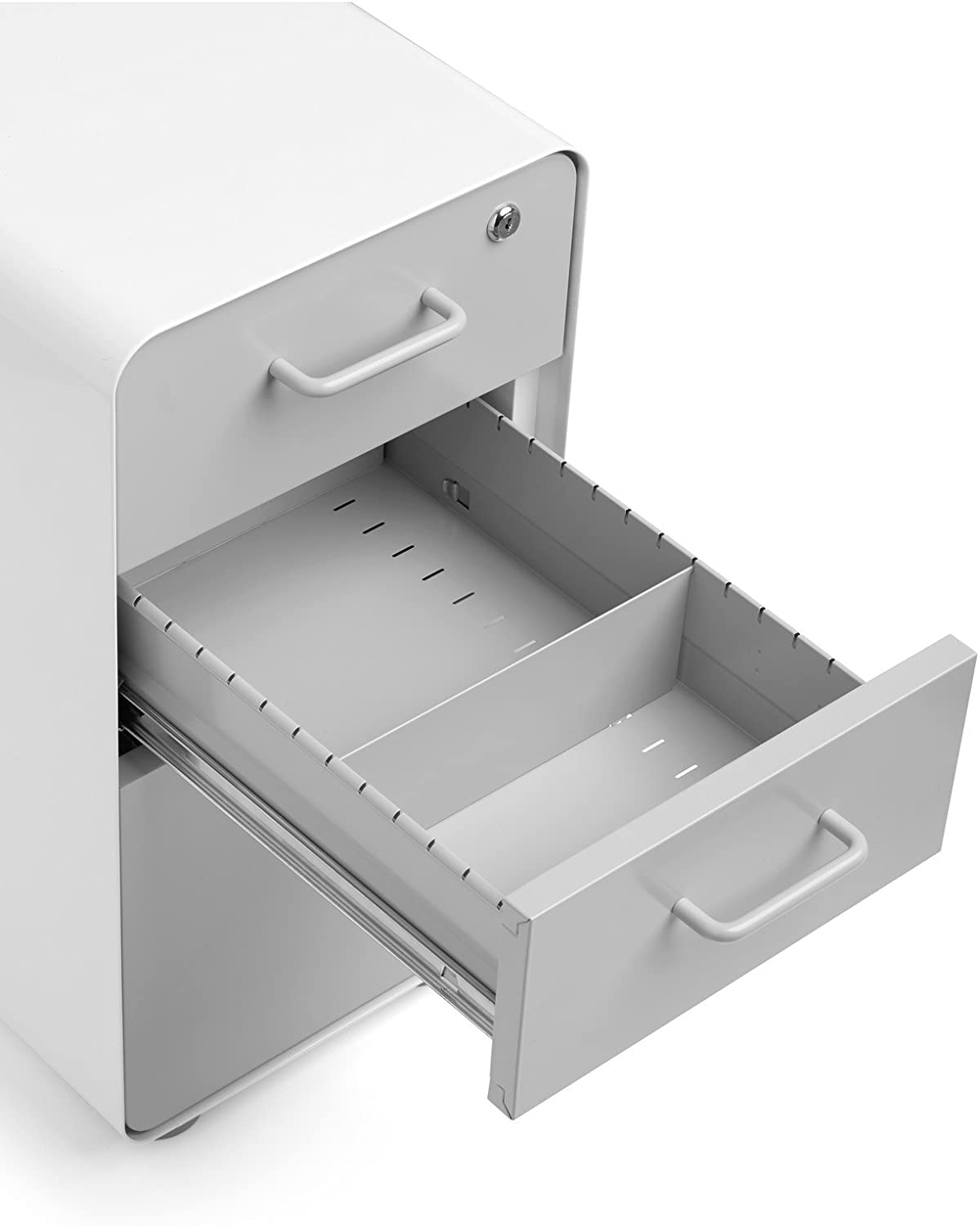 Poppin Slim Stow 3-Drawer File Cabinet - White & Light Gray | 2 Utility Drawers + 1 Hanging File Drawer | Powder-Coated Steel Office Storage | for Home Office, Workspace & Classroom Organization