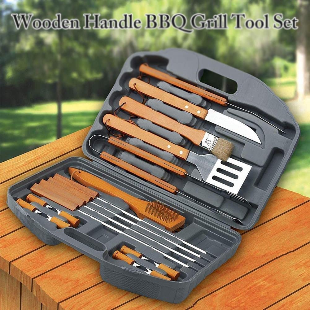 18-Piece Stainless Steel BBQ Grill Tool Set with Wooden Handle - Perfect Grilling Accessories for Men, Dad & Women - Great Christmas & Birthday Gift for Outdoor Cooking, Backyard BBQs & Camping Parties