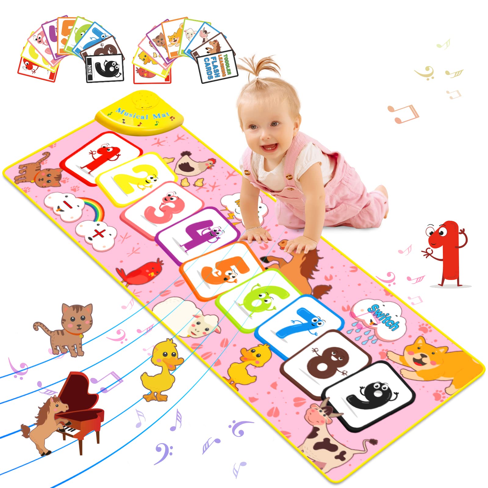 Aywewii Toddler Musical Piano Playmat - Anti-Slip Kids Dance Floor Mat with Flash Cards - Fun Educational Toy for 1 2 3 Year Olds - Perfect Birthday & Easter Gift for Toddler Girls & Boys - Great for Indoor Play, Early Learning & Sensory Development