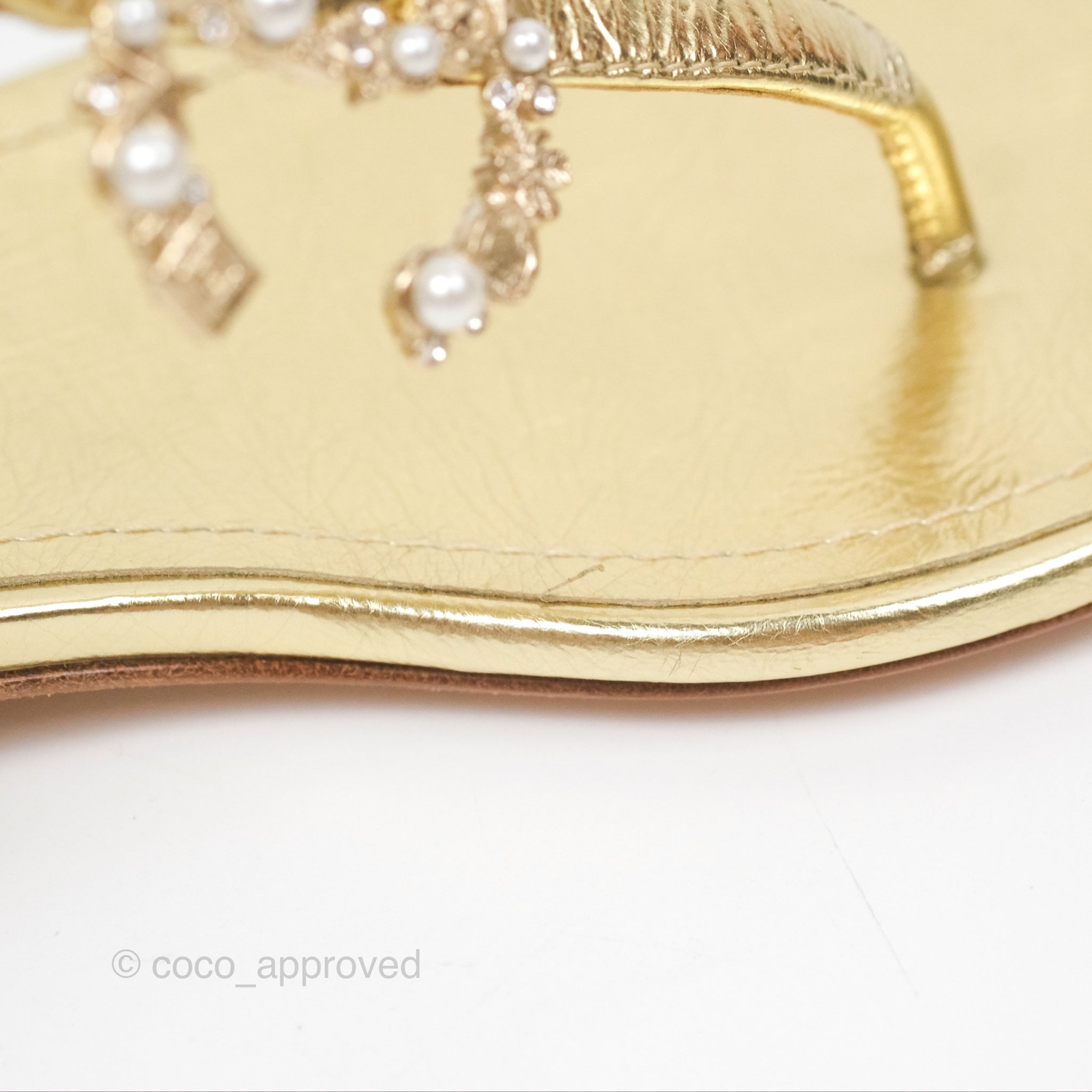 Chanel CC Gold Metallic Leather Thong Sandals with Stone Accents - Women's Size 35 | Luxury Designer Flip Flops for Beach, Pool & Summer Outfits