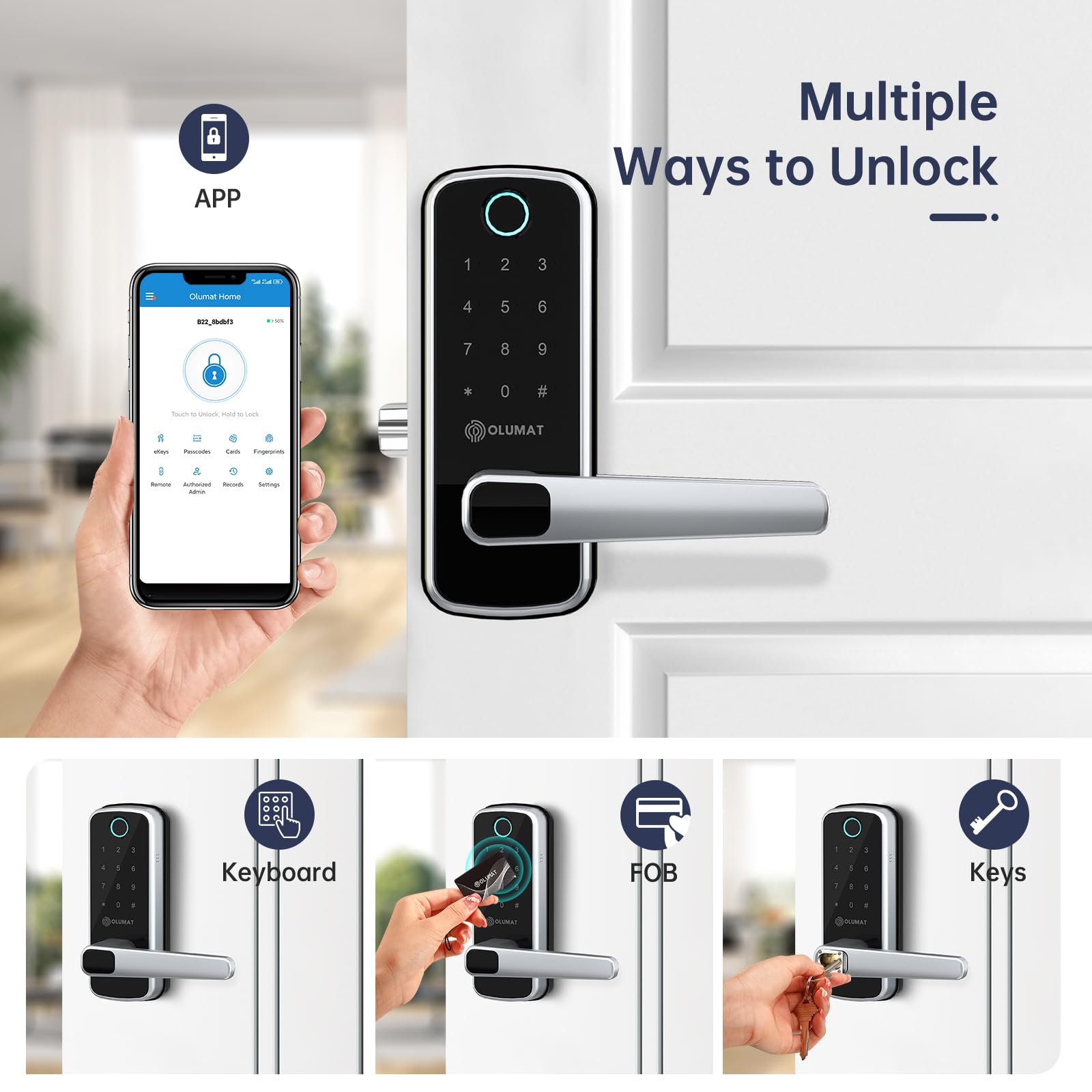 Smart WiFi Keyless Entry Door Lock with Fingerprint & Keypad - Olumat Smart Handle Door Lock for Front Door - Secure & Convenient Home Access Control for Apartments, Houses & Offices