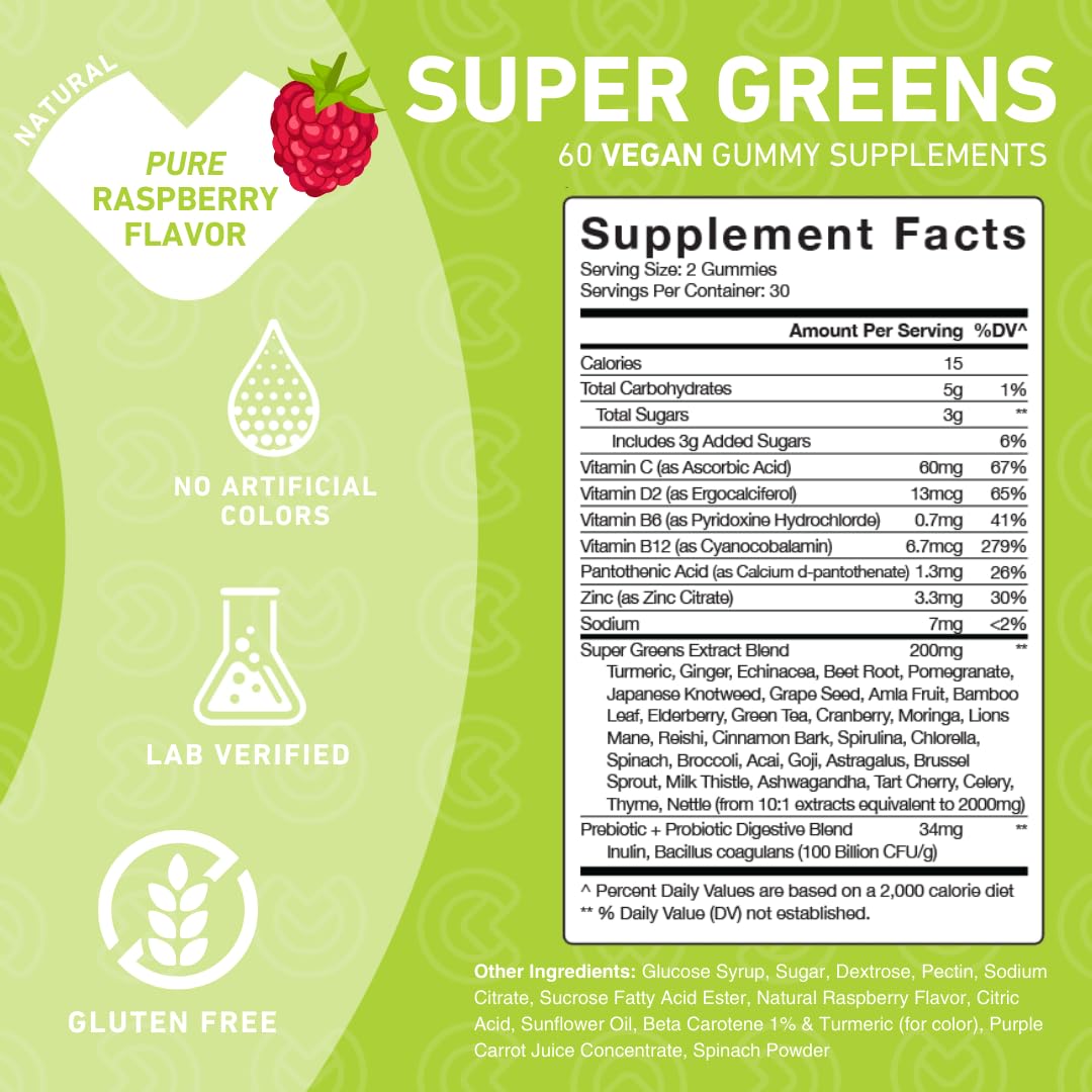 Daily Super Greens Gummies with Spirulina, Spinach & 20+ Superfoods | Vegan, Non-GMO, Gluten Free Supplement (60 Count) for Energy, Digestion & Immunity Support | Perfect for Busy Professionals & Health-Conscious Families