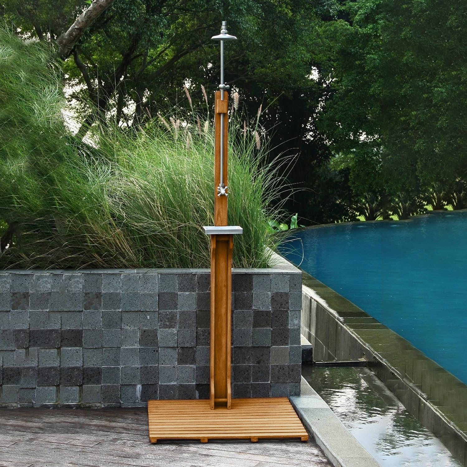 Premium Teak Wood Outdoor Pool Shower - Cambridge Casual Dussi Natural Teak Shower for Backyard, Patio & Garden - Perfect for Beach Houses, Resorts & Poolside Use