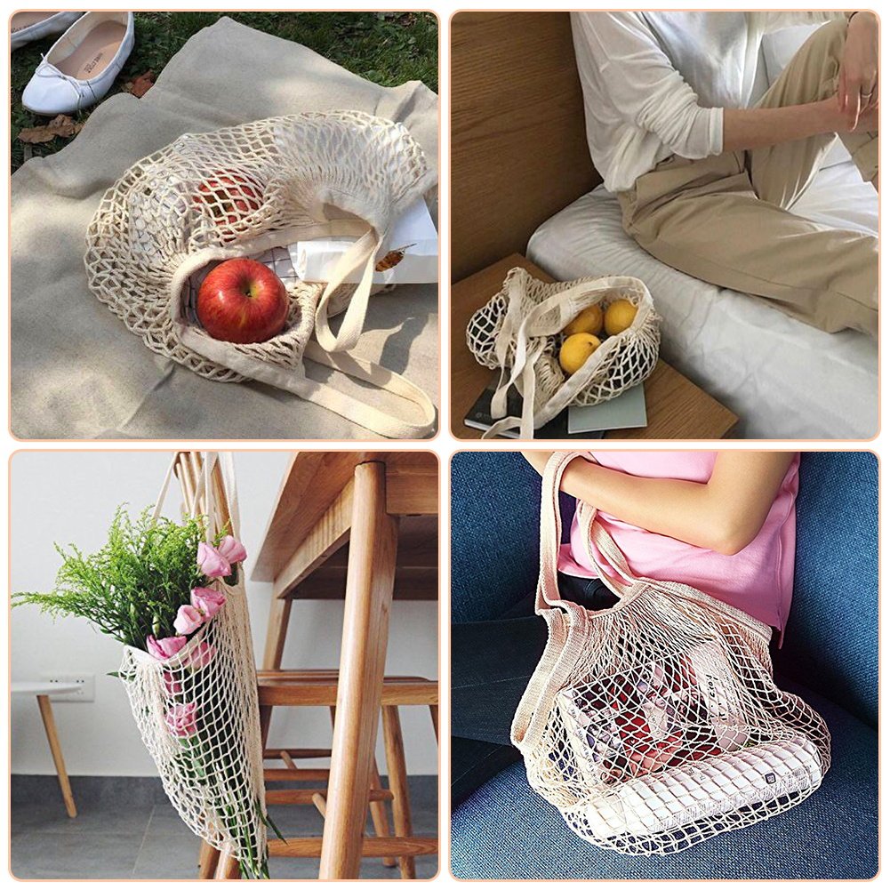Eco-Friendly Reusable Cotton Mesh Grocery Bags with Long Handles - Breathable Produce Storage Tote for Fruits, Vegetables & Shopping - Perfect for Farmers Market, Grocery Trips & Zero-Waste Lifestyle