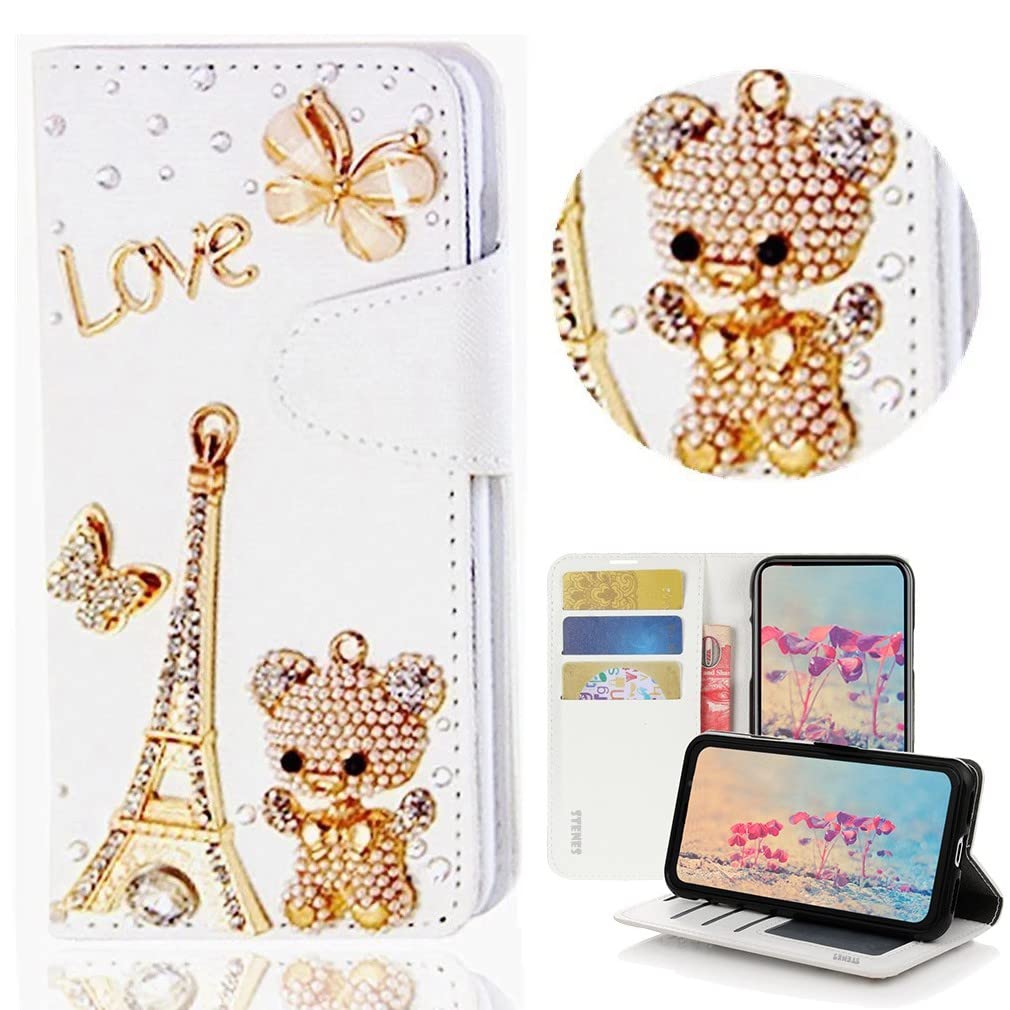 STENES Bling Wallet Phone Case for iPhone 7 Plus/8 Plus - 3D Handmade Eiffel Tower Bear Butterfly Design Leather Cover with Screen Protector & Neck Strap - Gold | Stylish Protective Case for Women, Girls | Perfect for Parties, Travel & Everyday Use