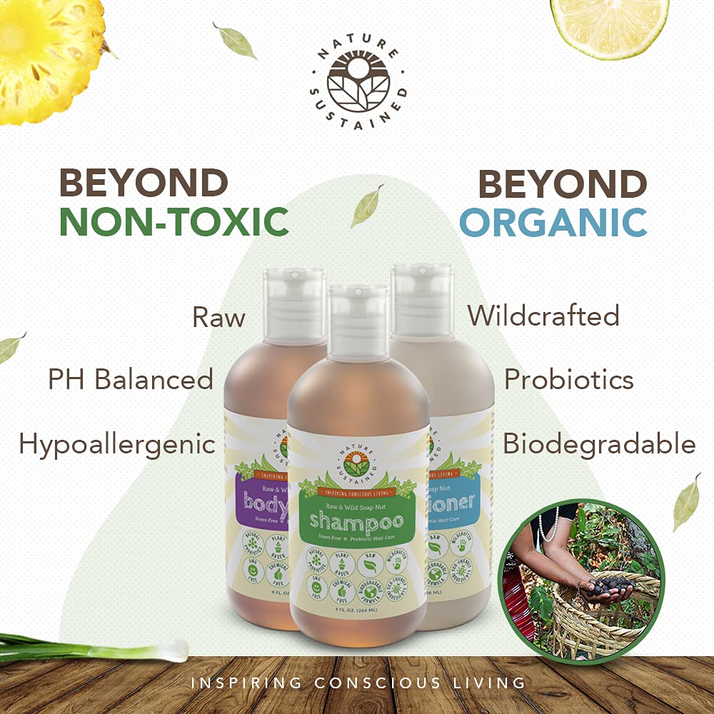 Natural Probiotic Soapberry Body Wash & Shampoo Set (3-Pack) | pH Balanced, Unscented for Dry Hair & Sensitive Skin | Gentle Cleansing for Daily Hair & Body Care | 9oz Bottles