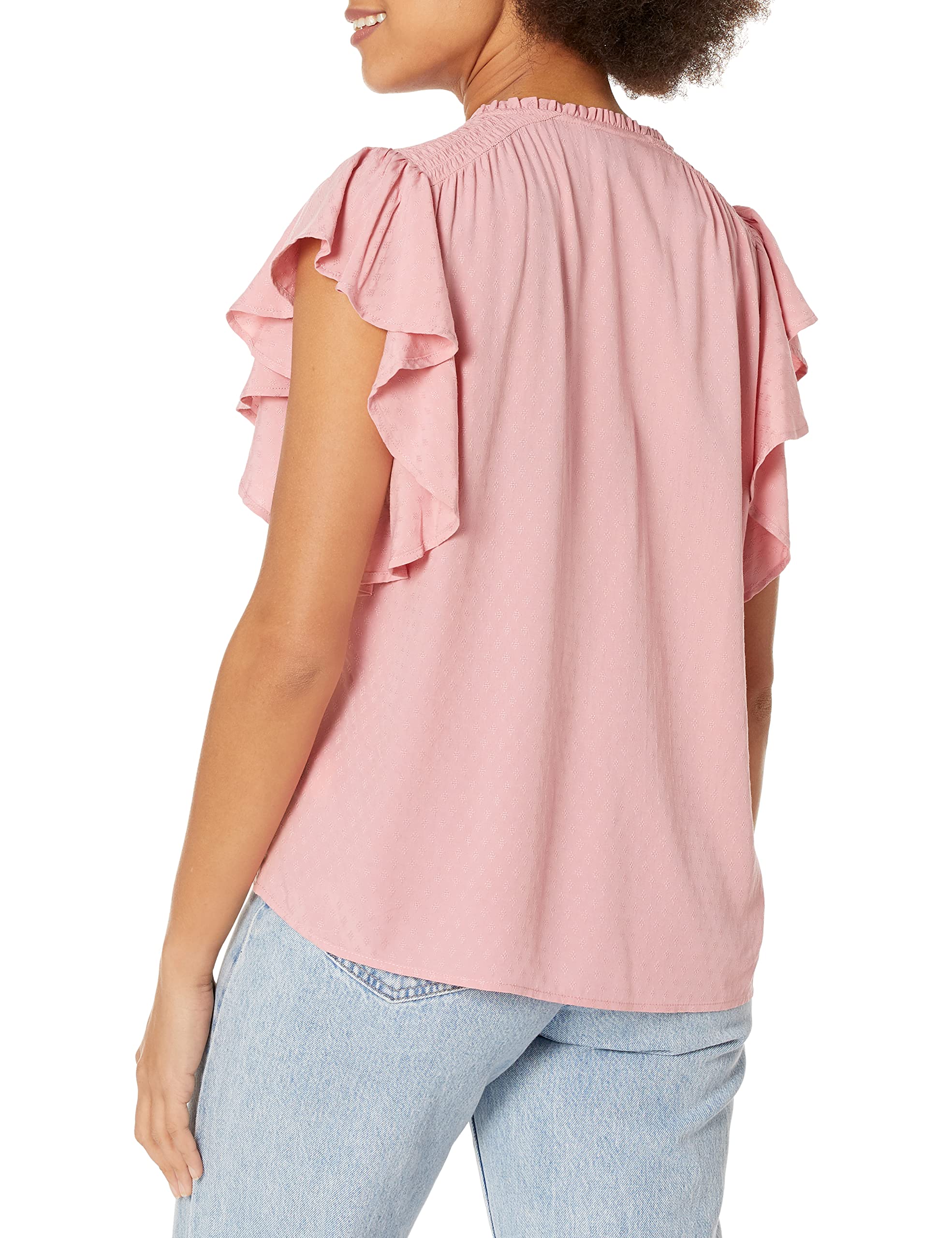 PAIGE Women's Dewan Top Flutter Sleeve Blouse with Cascading Ruffles & Diamond Pattern - Lipstick Pink Flowy Shirt for Casual Wear, Date Night & Office Outfits