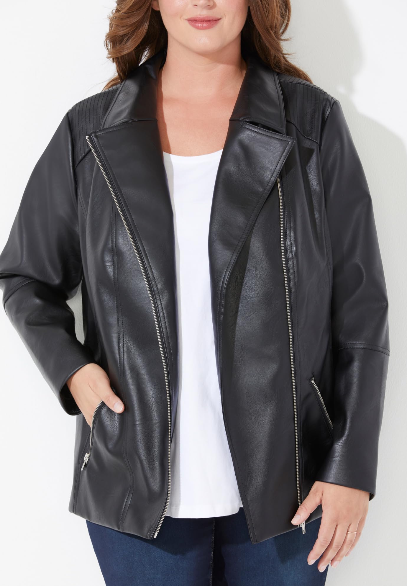 Catherine's Women's Plus Size Petite Faux Leather Moto Jacket - Stylish & Comfortable Biker Jacket for Curvy Petite Women | Perfect for Casual Outings, Date Nights & Fall Fashion