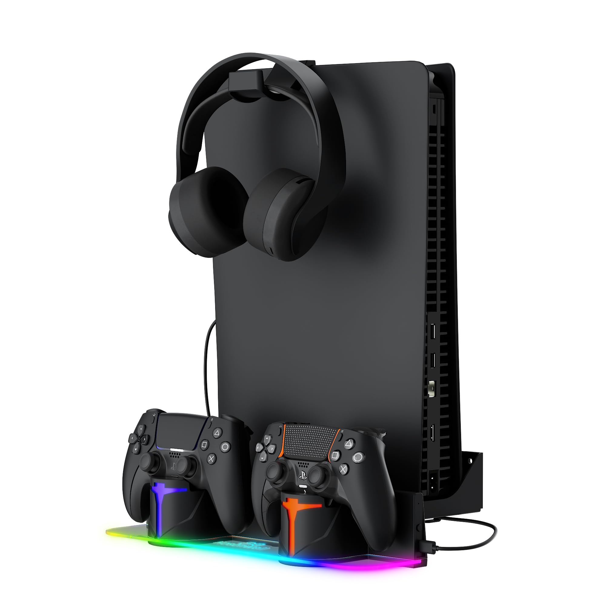 Hosanwell PS5 Wall Mount Kit with Dual Charging Station - Fast 2-Hour Charging, RGB Lighting, Compatible with PS5 & PS5 Slim (Black) - Perfect for Gaming Setup & Home Entertainment System