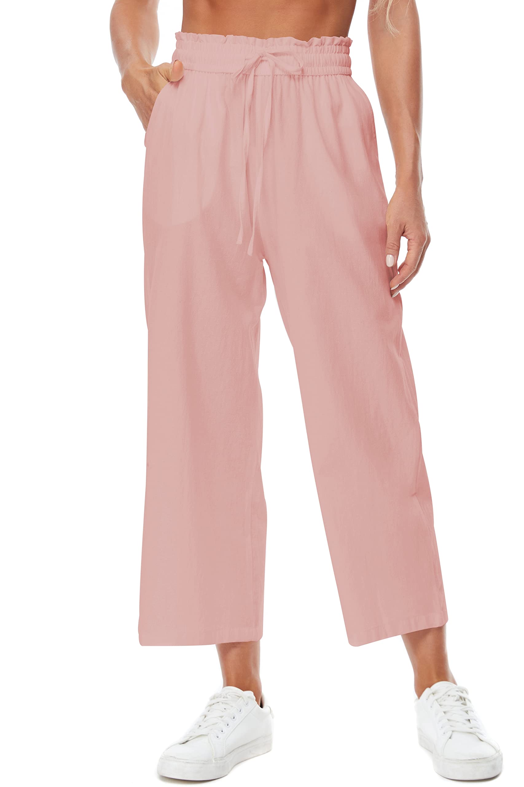 BXZUSIO Women's Linen Pants - High Waisted Wide Leg Casual Pants with Drawstring & Pockets | Breathable Summer Trousers for Beach, Travel & Lounge Wear