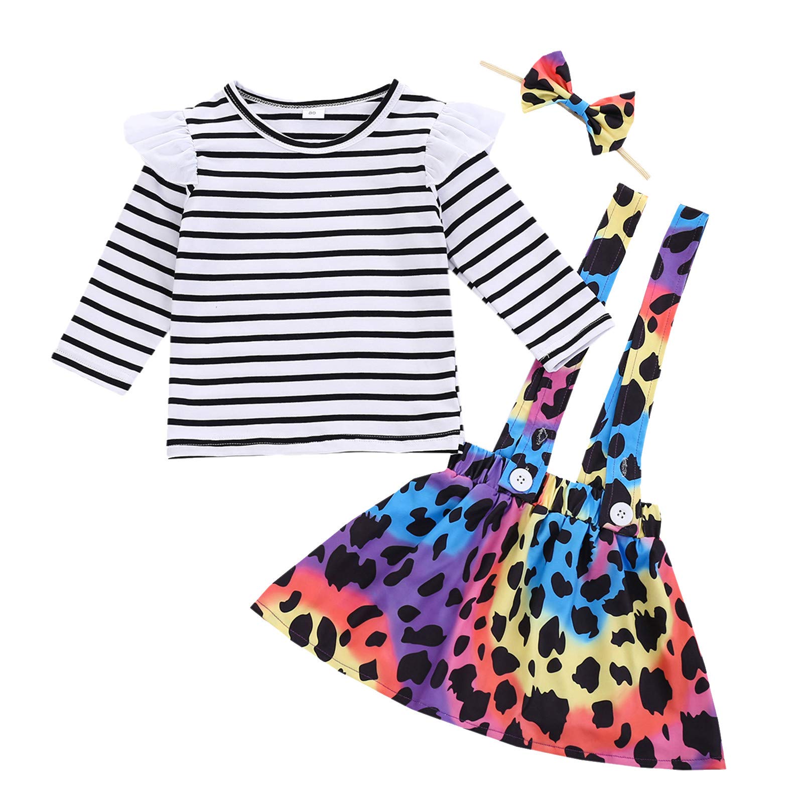 Adorable Baby Girl Outfit Set - Long Sleeve Striped Top with Suspenders, Skirt & Headband | Trendy Tie-Dye Design for Toddlers & Little Girls | Perfect for Parties, Photos & Everyday Wear