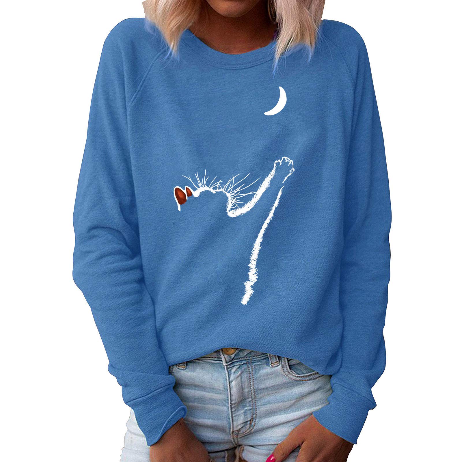 Women's Long Sleeve Cat Print Graphic Tee - Soft Loose Fit Casual Blouse with O-Neck Design | Perfect for Everyday Wear, Weekend Outings & Cat Lover Gifts