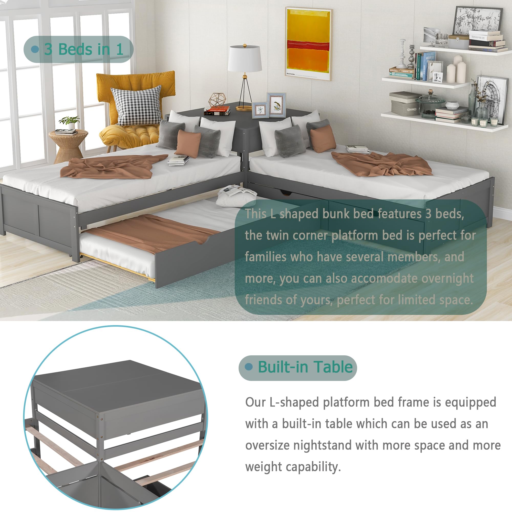 Twin L-Shaped Storage Daybed with Trundle & Drawers - Convertible Sofa Bed for Living Room, Bedroom, Guest Room (Grey)