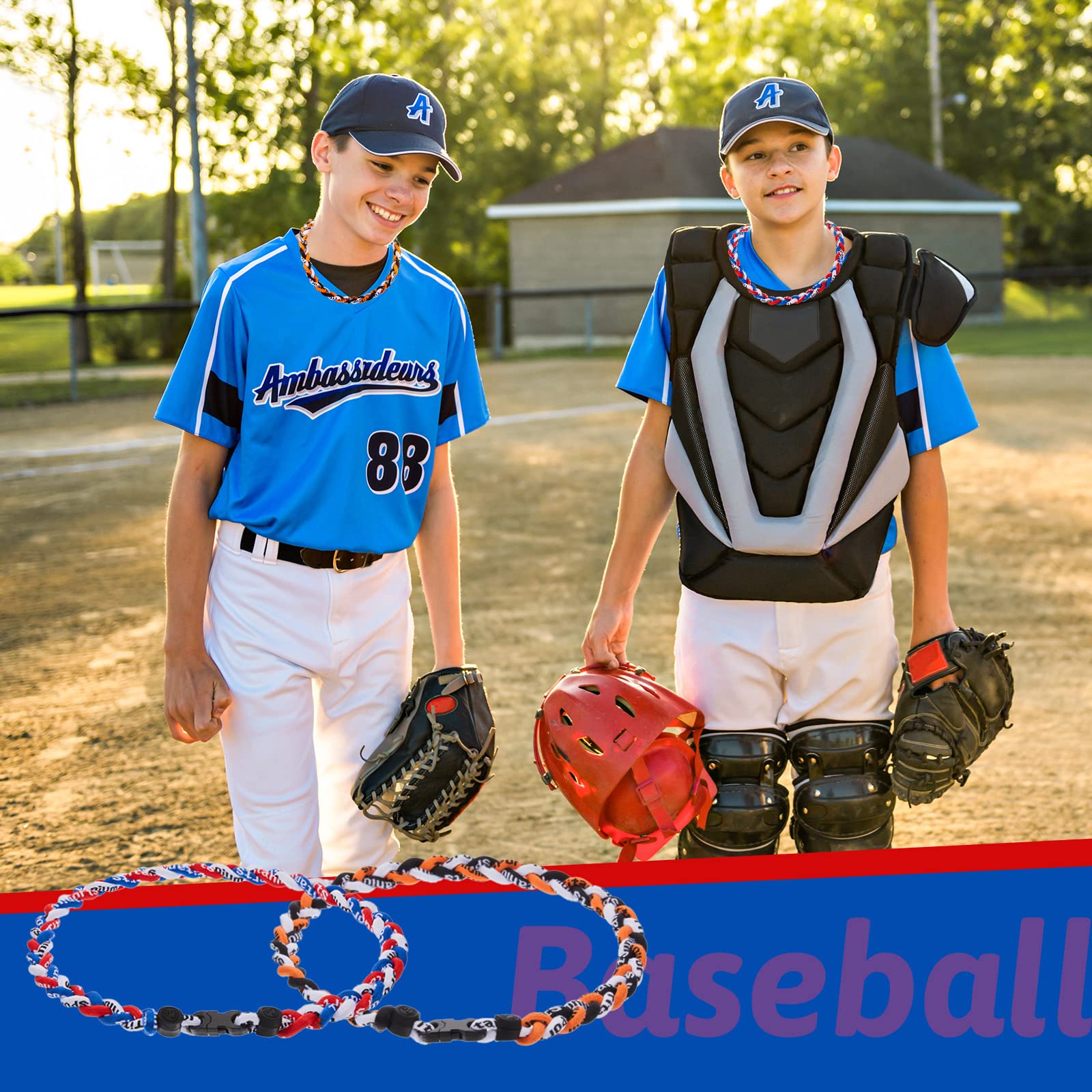 Junkin 3-Piece Baseball Braided Rope Necklace Set - Titanium Sports Necklaces for Men & Boys - Perfect Gift for Baseball Players, Softball Fans & Athletes - Great for Games, Training & Casual Wear