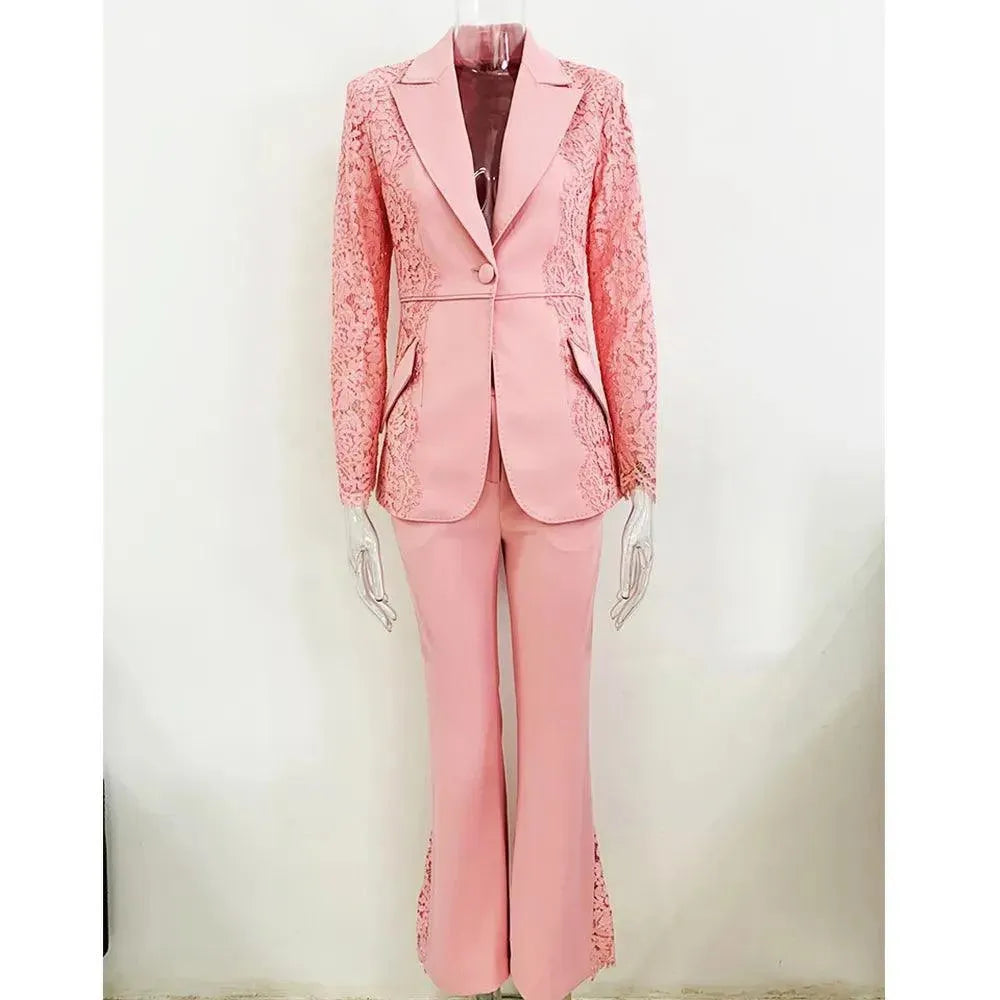 Elegant Lace Patchwork Women's Pant Suit Set with Flared Pants - Formal Office Wear & Evening Party Outfit