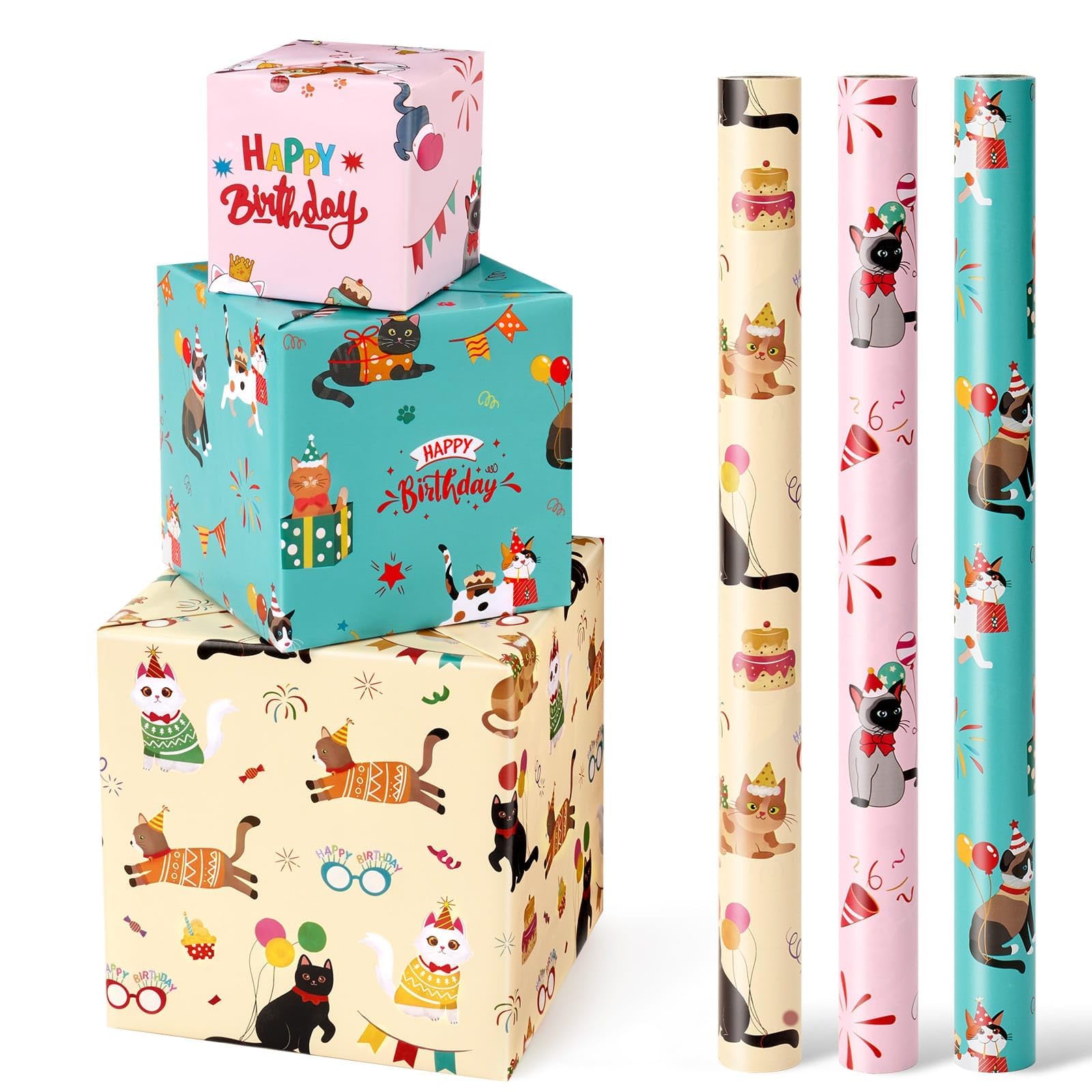 WERNNSAI Cat Wrapping Paper Rolls - 3 Rolls 17” x 120” Birthday Gift Wrap with Cutting Lines | Cute Kitten Themed Wrapping Paper for Girls, Birthday Presents & Party Decorations