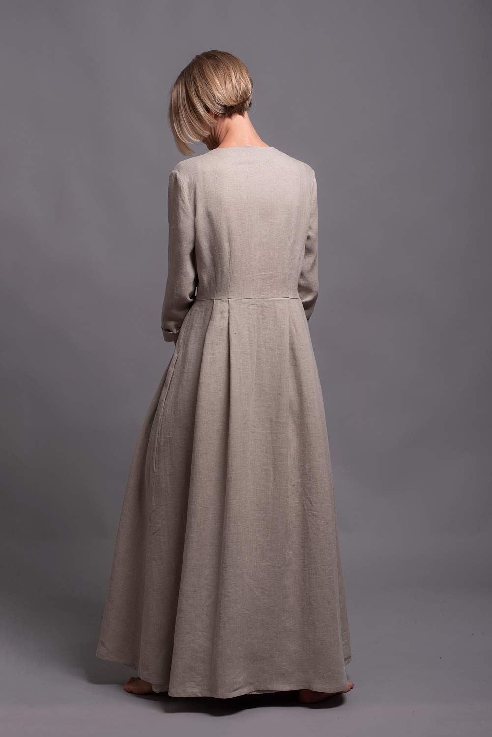 HANK Women's Maxi Linen Coat Dress with Long Sleeves, Belt & Pockets - Custom Made in 31 Colors - Elegant Office Wear & Spring Outerwear