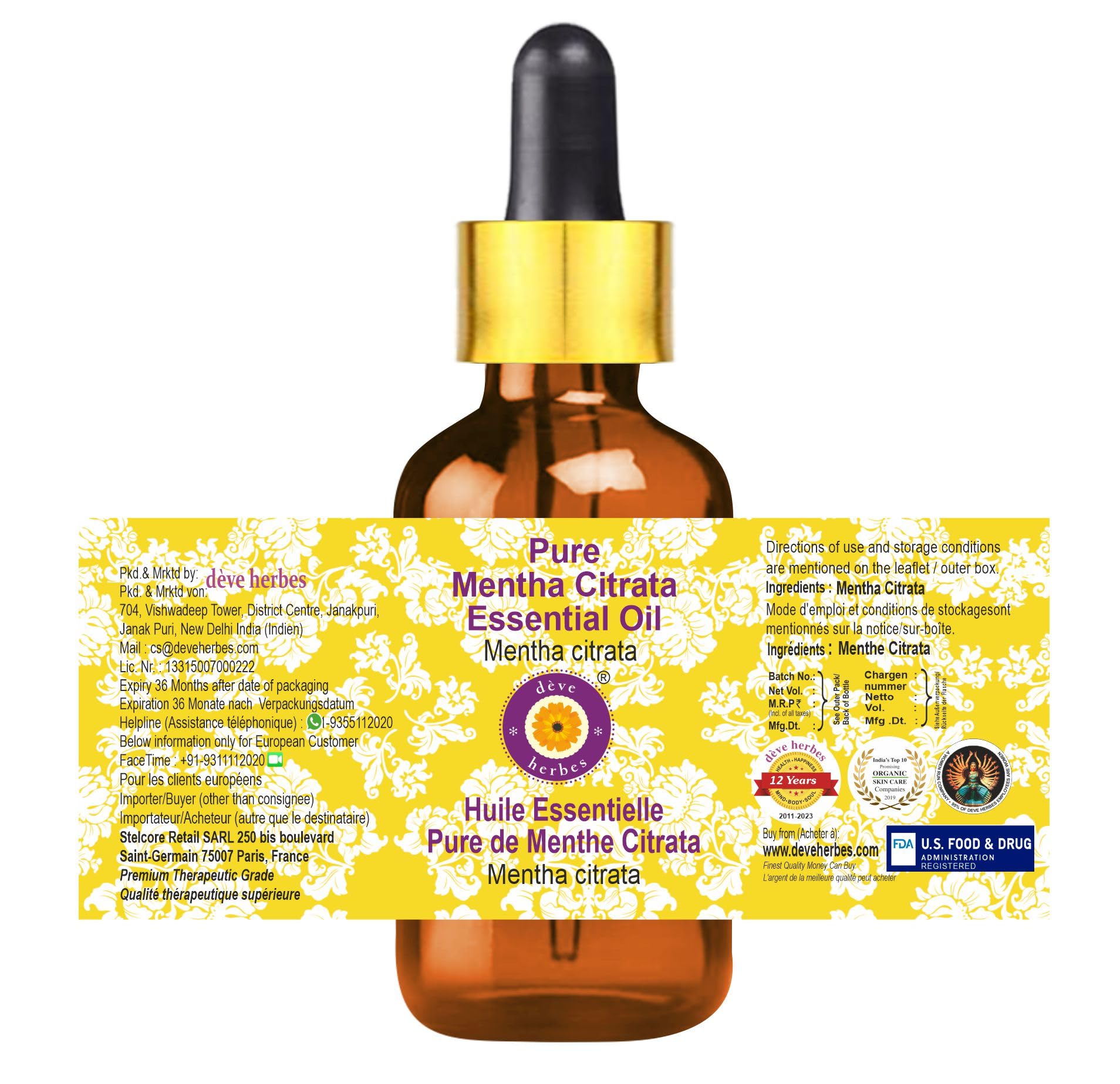 Deve Herbes Pure Mentha Citrata Essential Oil (10ml) - Steam Distilled with Glass Dropper for Aromatherapy, Relaxation & Skin Care | Natural Stress Relief & Mood Enhancer