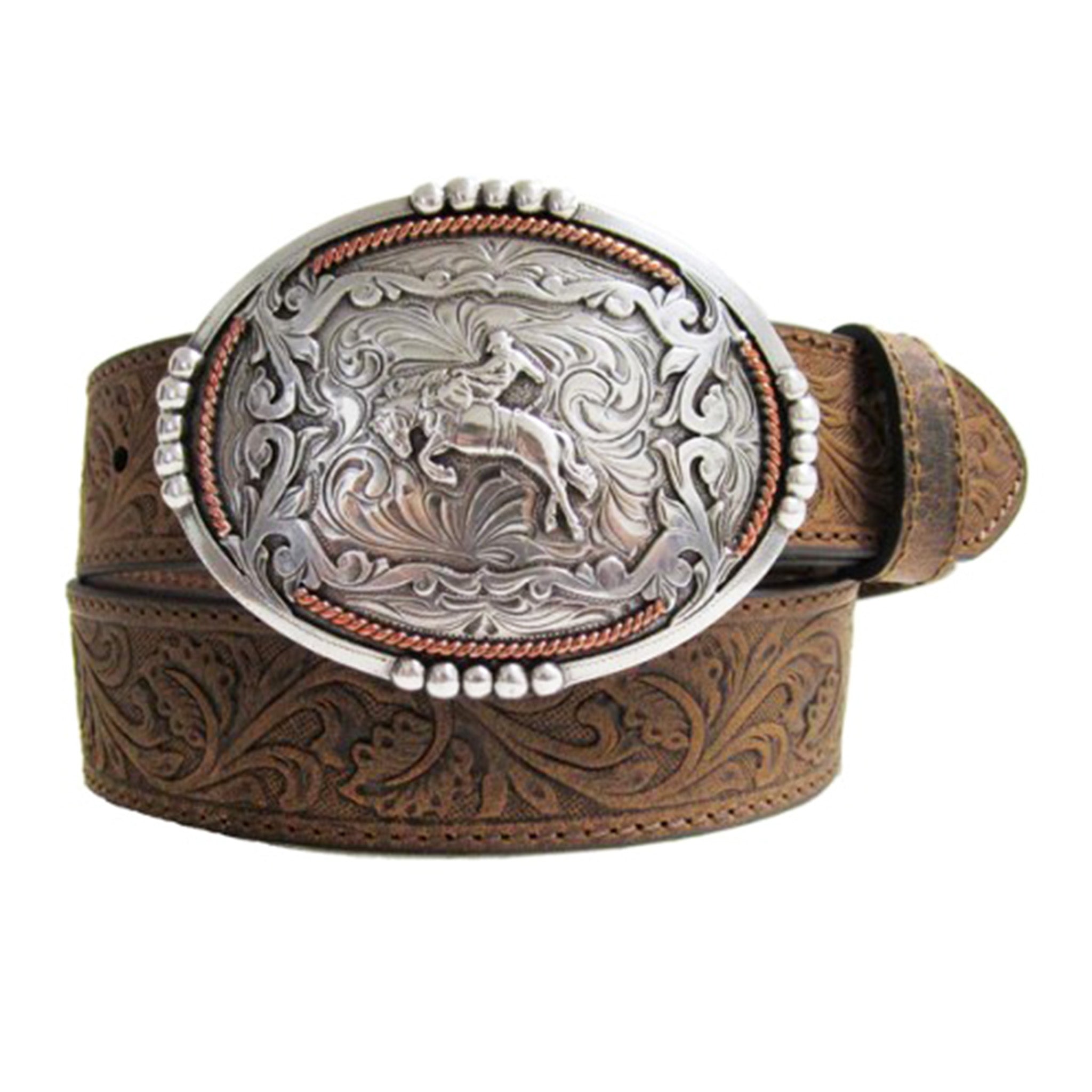 And West Men's Genuine Leather Tooled Bronc Buckle Belt - Western Cowboy Style for Jeans & Rodeo Wear