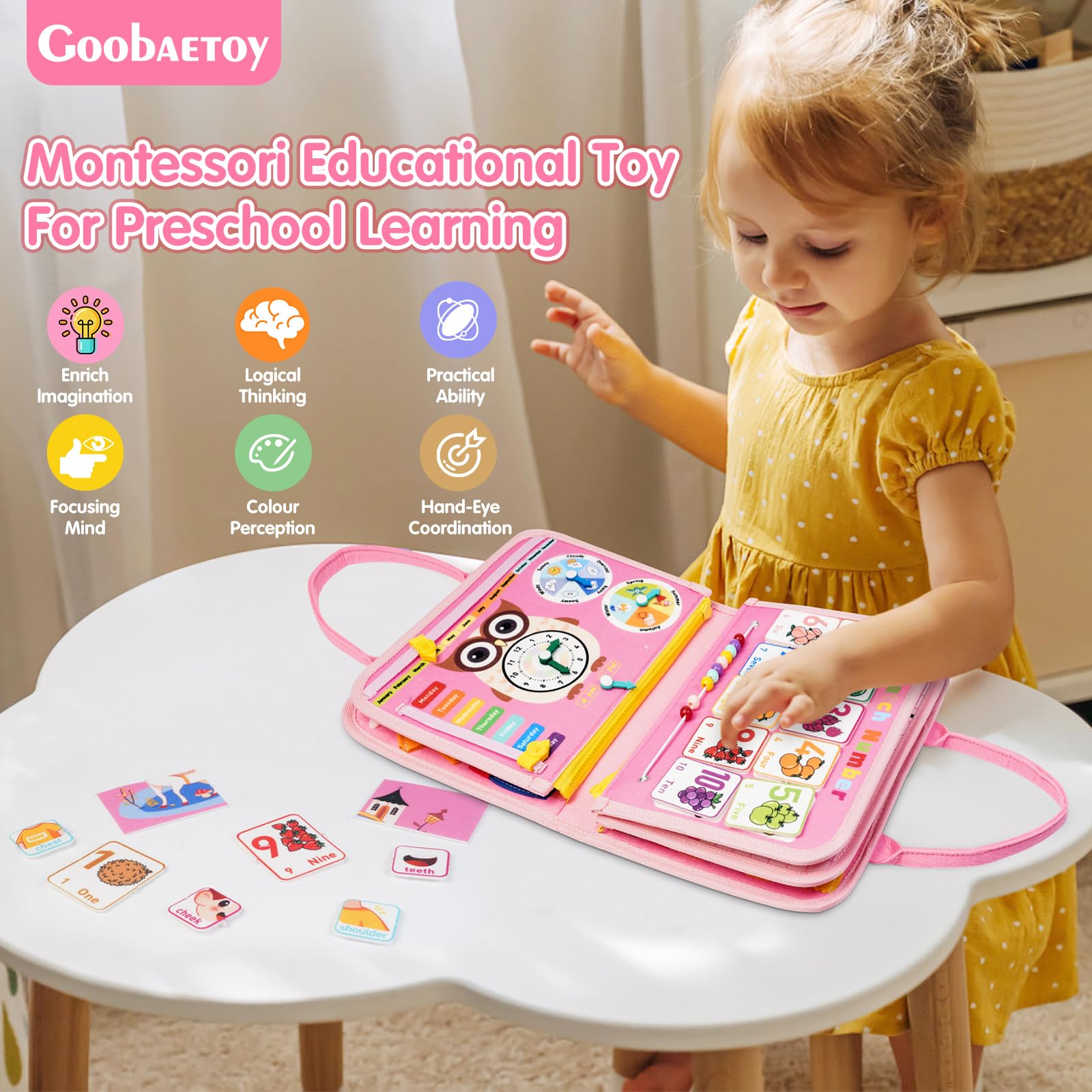 Montessori Busy Board for Toddlers 1-3 - Sensory Travel Toy for Girls | Christmas Birthday Gift for 2 Year Olds | Airplane & Road Trip Activity