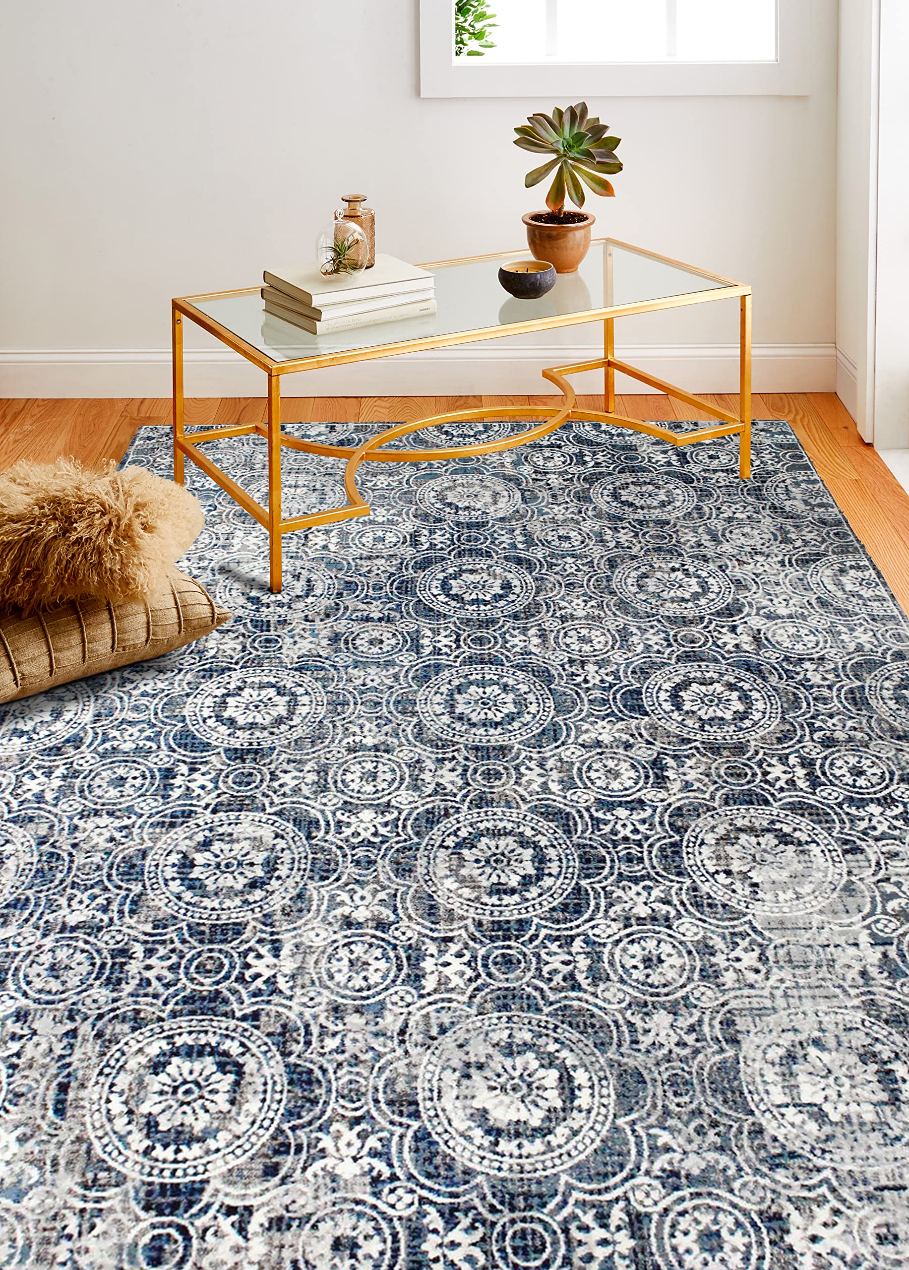 Bashian Collection Luxury Power Loom Polypropylene Area Rug - 7.10’ x 10’ Blue Runner Rug for Entryway, Living Room & Home Decor - Perfect for Modern Interiors & High-Traffic Areas
