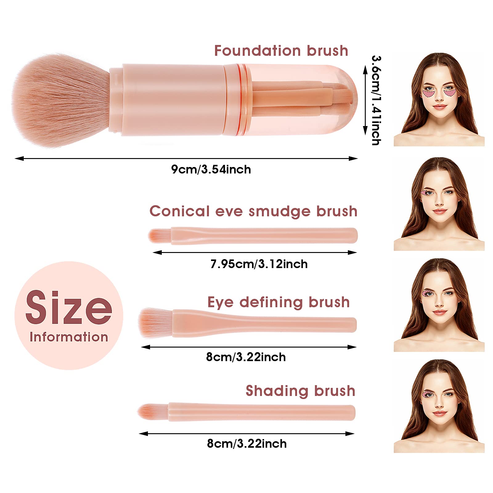 Molain Retractable Makeup Brush Set - 4 in 1 Portable Travel Cosmetic Brushes for Lips, Highlight, Eyeshadow & Foundation | Mini Face Powder & Blending Brush | Perfect for On-the-Go Makeup & Travel Essentials (Pink)