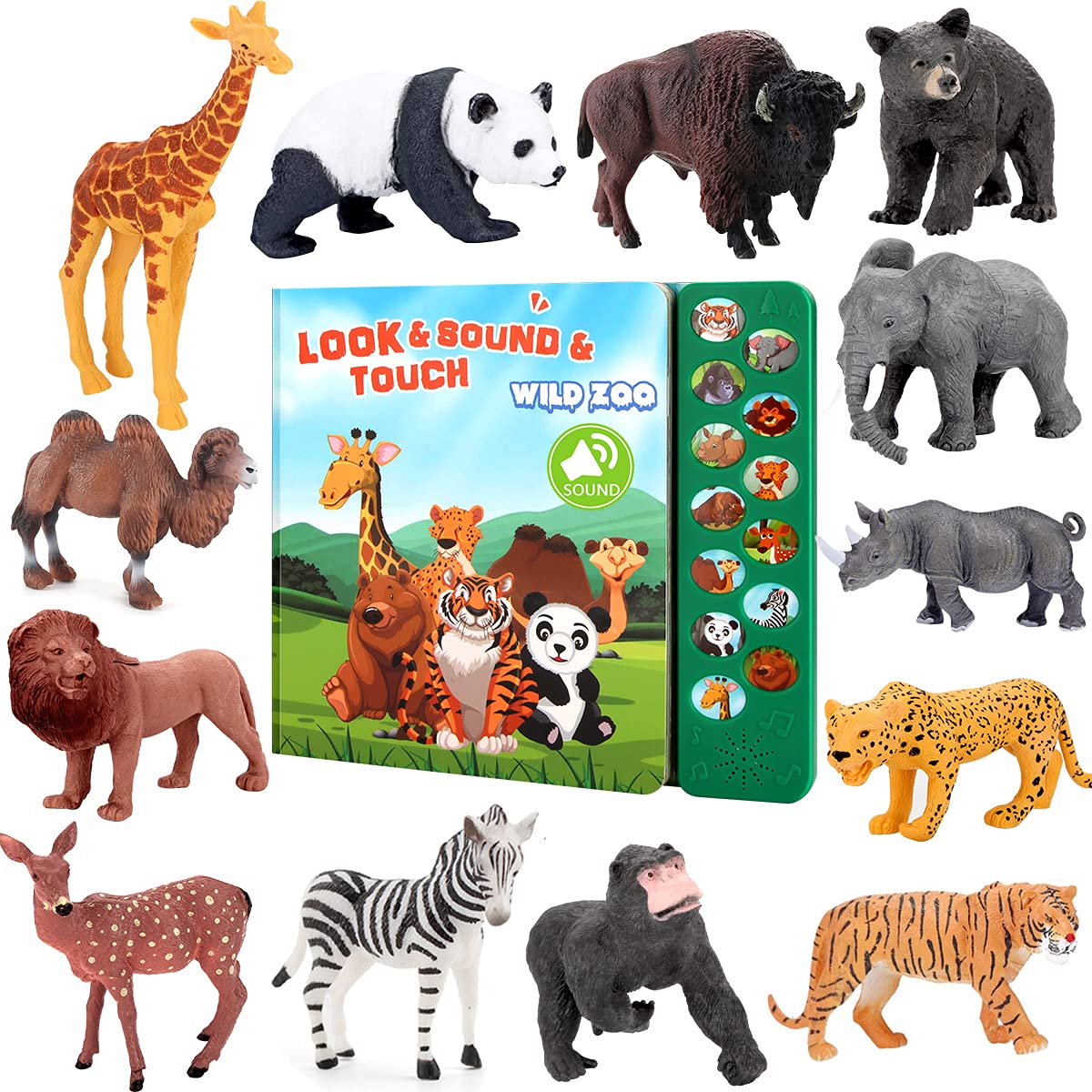 Safari Animal Figures Toys Set - 13 Realistic Wild Plastic Animal Figurines with Kids Sound Book - Educational Learning Toys Gift for Boys Girls Ages 3+ - Perfect for Jungle Themed Parties, Preschool Learning & Imaginative Play