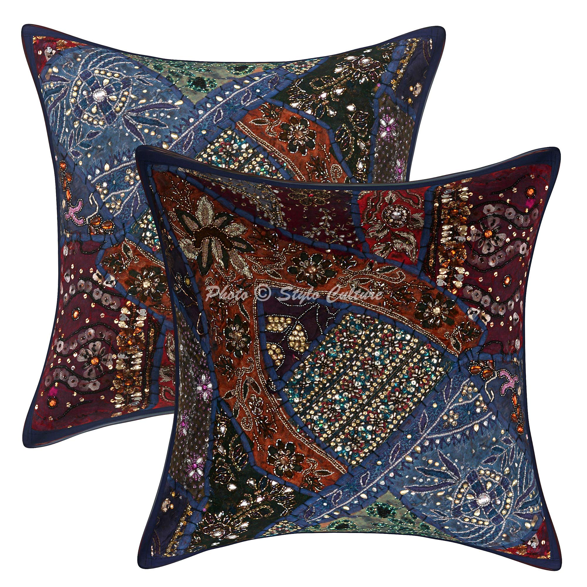 Ethnic Cotton Decorative Throw Pillow Covers 16x16 Inches - Dark Blue Beaded Sequins Patchwork Embroidered Cushion Covers for Sofa, Bed, Living Room (Set of 2) | Bohemian Home Decor, Perfect for Cozy Nights and Stylish Interior Design