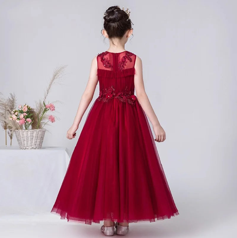 Elegant Red Tulle Flower Girl Dress with Floral Appliques - Perfect for Weddings, Parties & First Communion Ceremonies