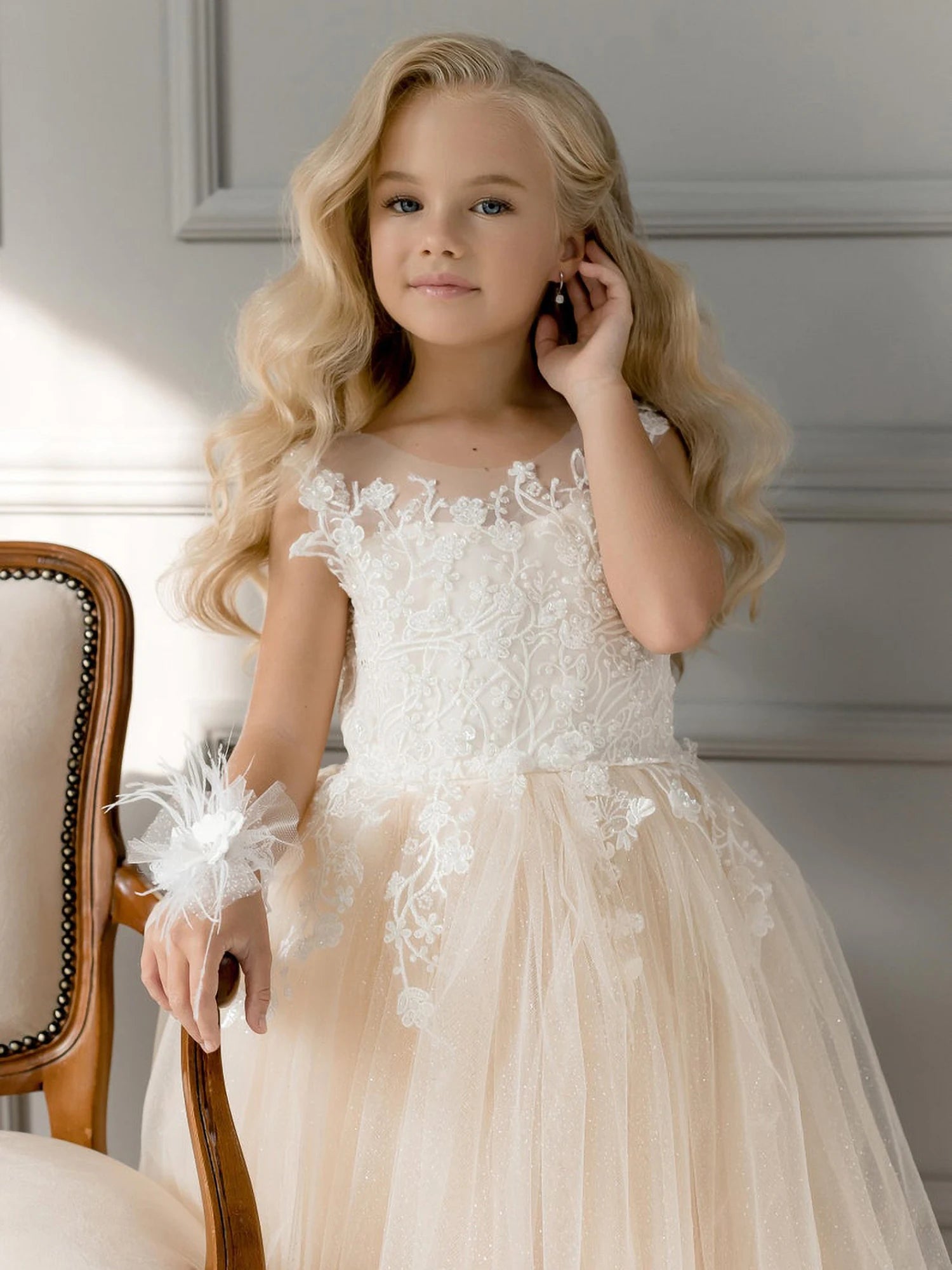 Sparkling Champagne Glitter Lace Tulle Toddler Flower Ball Gown Dress for Birthday Party, Pageant, Photo Shoot & Special Occasions
