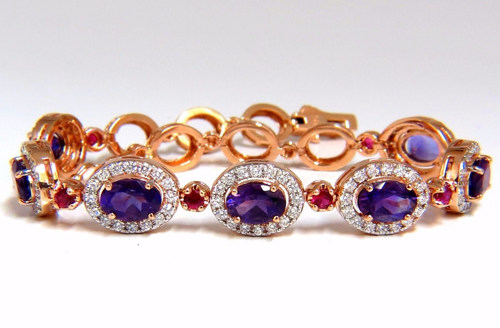 6.46ct Natural Amethyst & Ruby Diamond Halo Bracelet in 14K Gold - Elegant Jewelry for Weddings, Anniversaries & Special Occasions