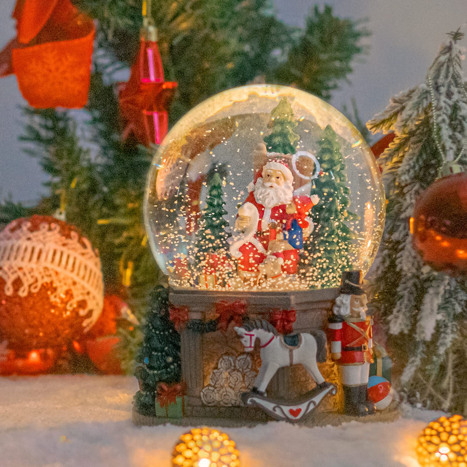 Taman Christmas Snow Globe with Santa, Gifts & White Horse - Musical Nutcracker with Swirling Glitter Snowflakes & LED Lights - Festive Tabletop Holiday Decor for Home, Office & Christmas Tree Display