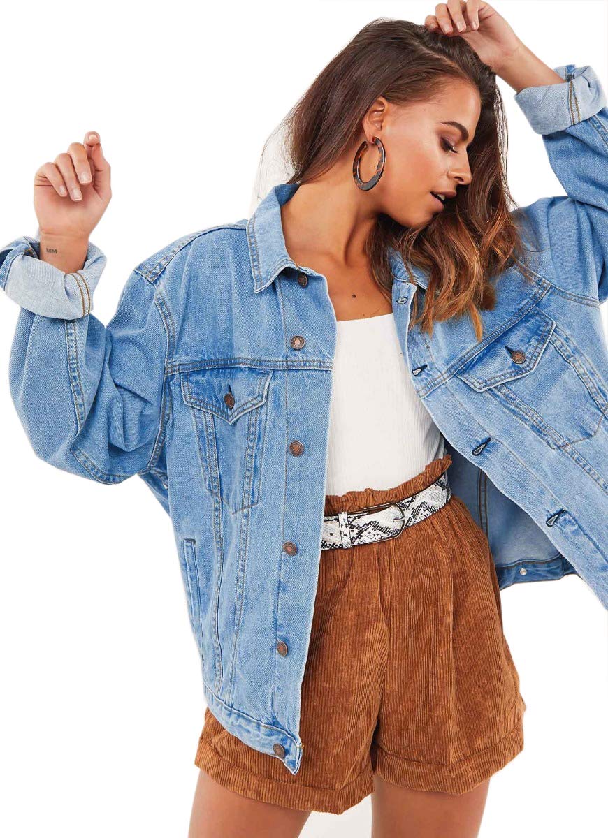 Justalwart Women's Oversized Denim Jacket - Long Sleeve Classic Loose Fit Jean Trucker Jacket for Casual Outfits & Streetwear Fashion