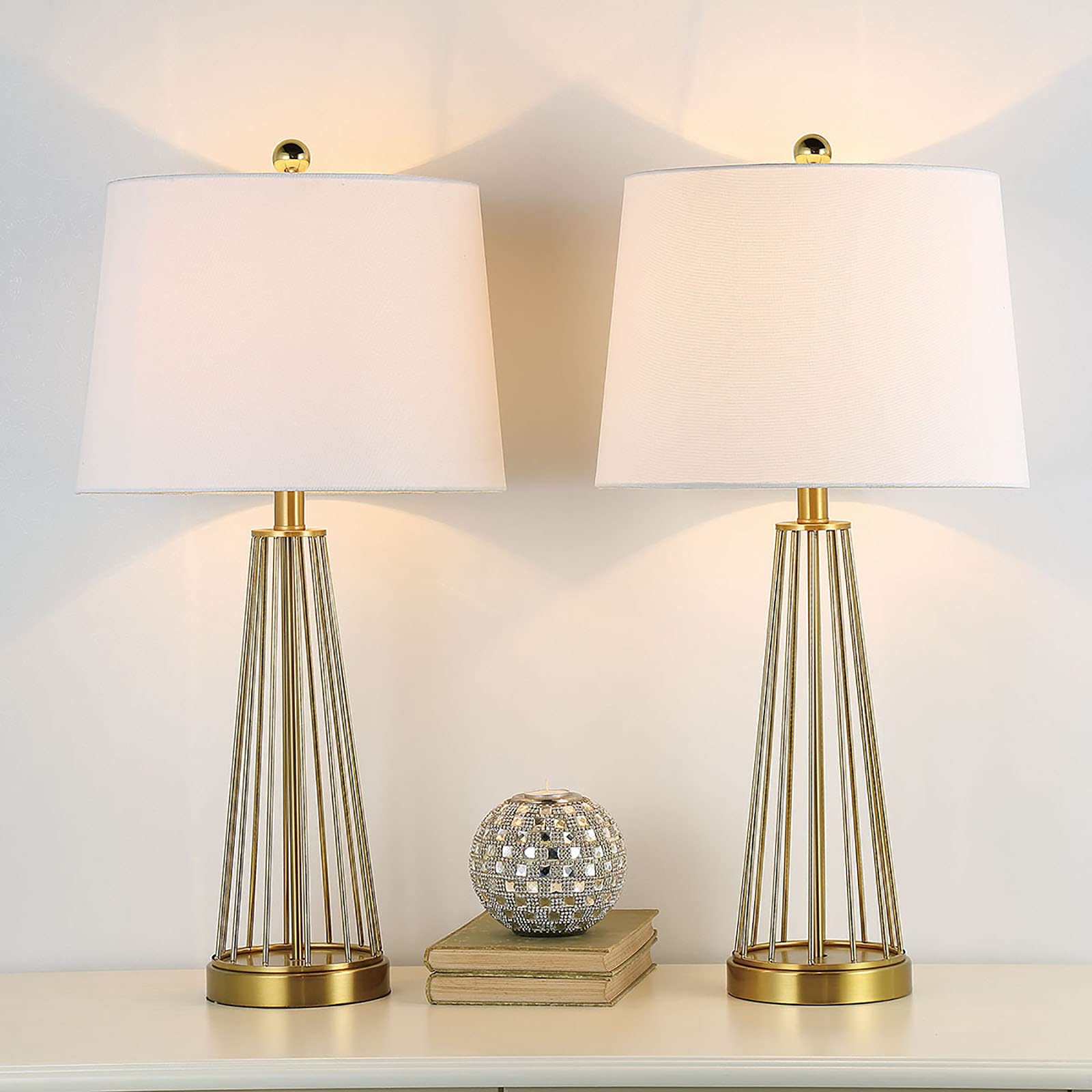 Maxax 27 Inch Table Lamps Set of 2 - 3-Way Dimmable Brass Gold Nightstand Lamps with White Fabric Shade, Industrial Bedside Lighting for Living Room, Bedroom & Office - Hollow Metal Base for Modern Home Decor