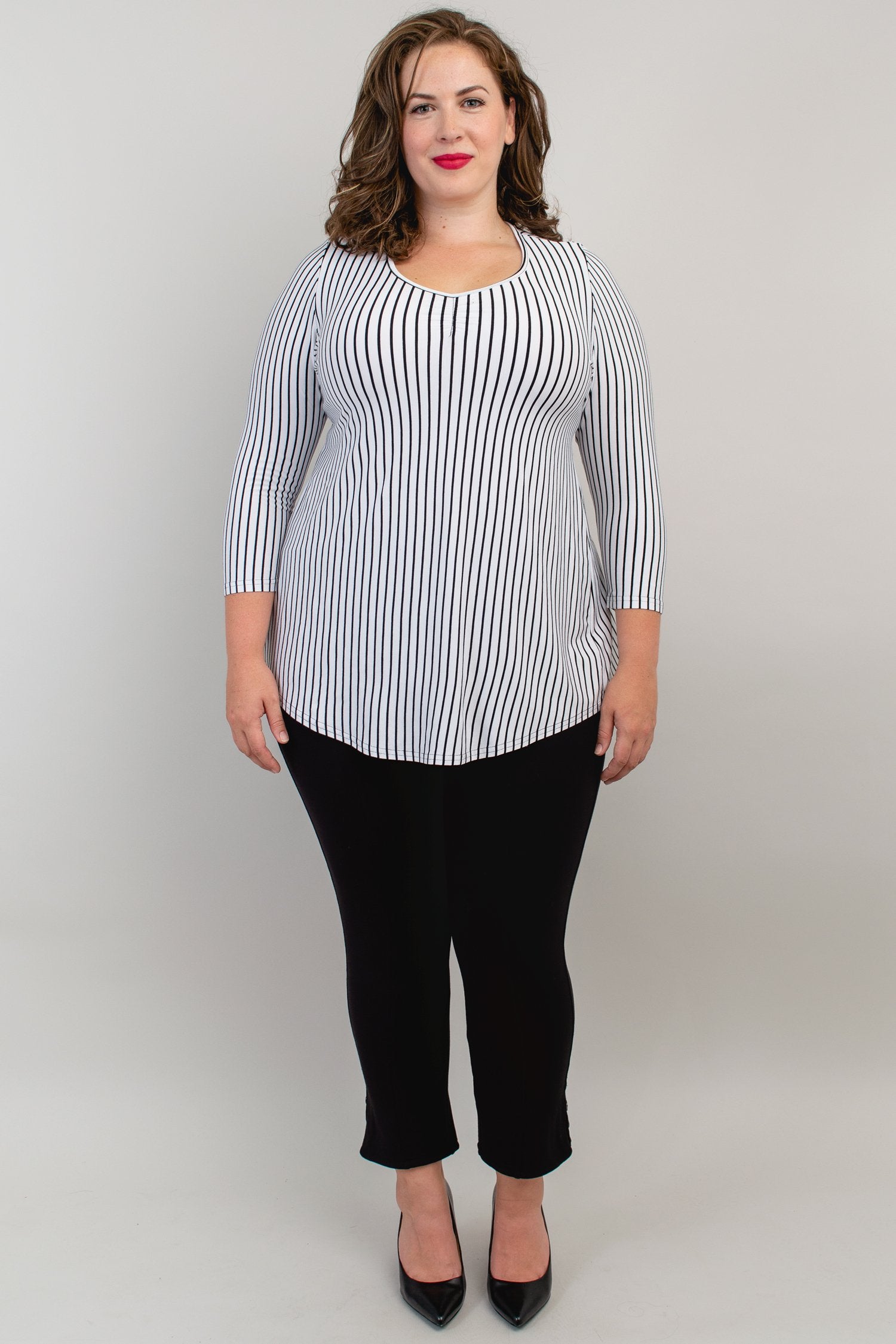 Franny Top - White & Black Small Stripe Bamboo V-Neck T-Shirt for Women | Soft Breathable Eco-Friendly Fabric | Perfect for Casual Wear, Yoga & Summer Outfits