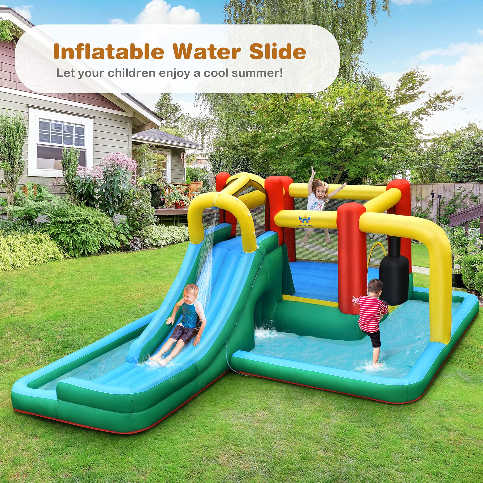 BOUNTECH Inflatable Water Slide & Bounce House Combo - 750W GFCI Blower Included | Wet & Dry Outdoor Play for Kids & Adults | Perfect for Backyard Parties, Summer Fun & Birthday Gifts
