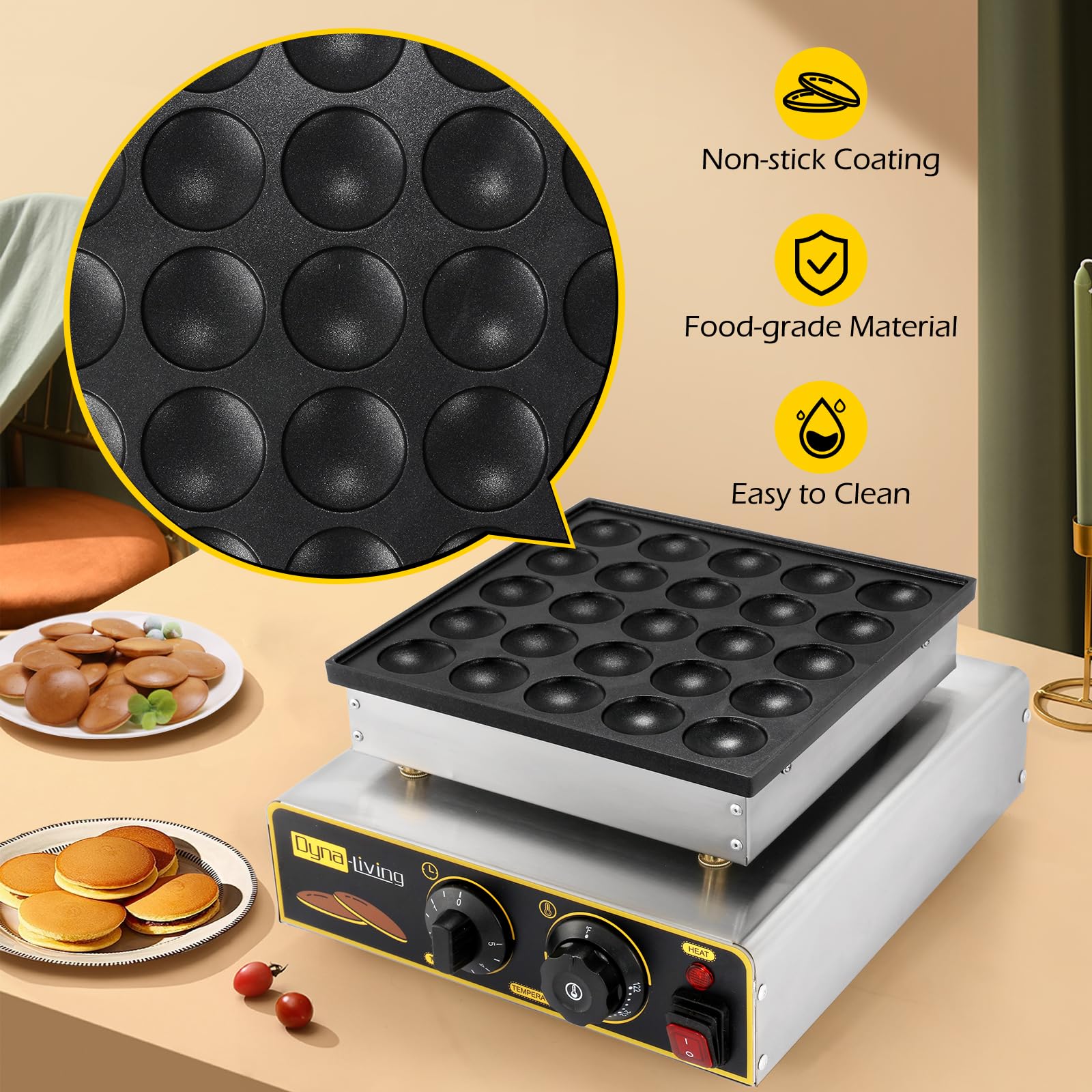 Dyna-Living Mini Pancake Maker Machine - 950W Electric Dutch Pancake Maker with Non-Stick Coating (25PCS) - Perfect for Home, Cafe & Commercial Use - Make Mini Pancakes, Dutch Pancakes & Dorayaki Easily