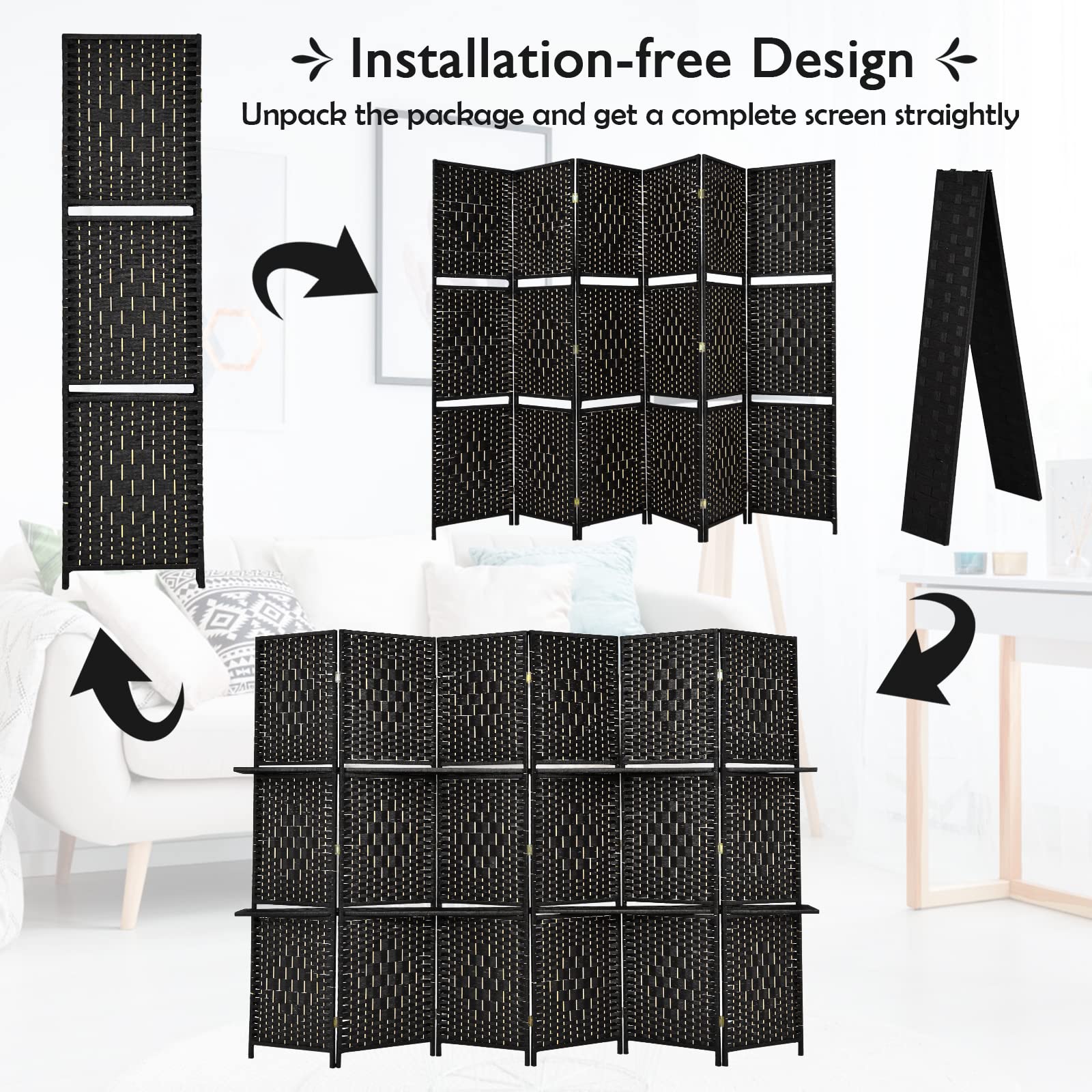 Giantex 6Ft 6 Panel Freestanding Room Divider with Shelves - Hand-Woven Rattan Folding Privacy Screen for Home, Office & Studio - Wooden Partition Wall for Room Separation & Organization | Perfect for Creating Private Spaces, Home Decor & Workspace Dividers
