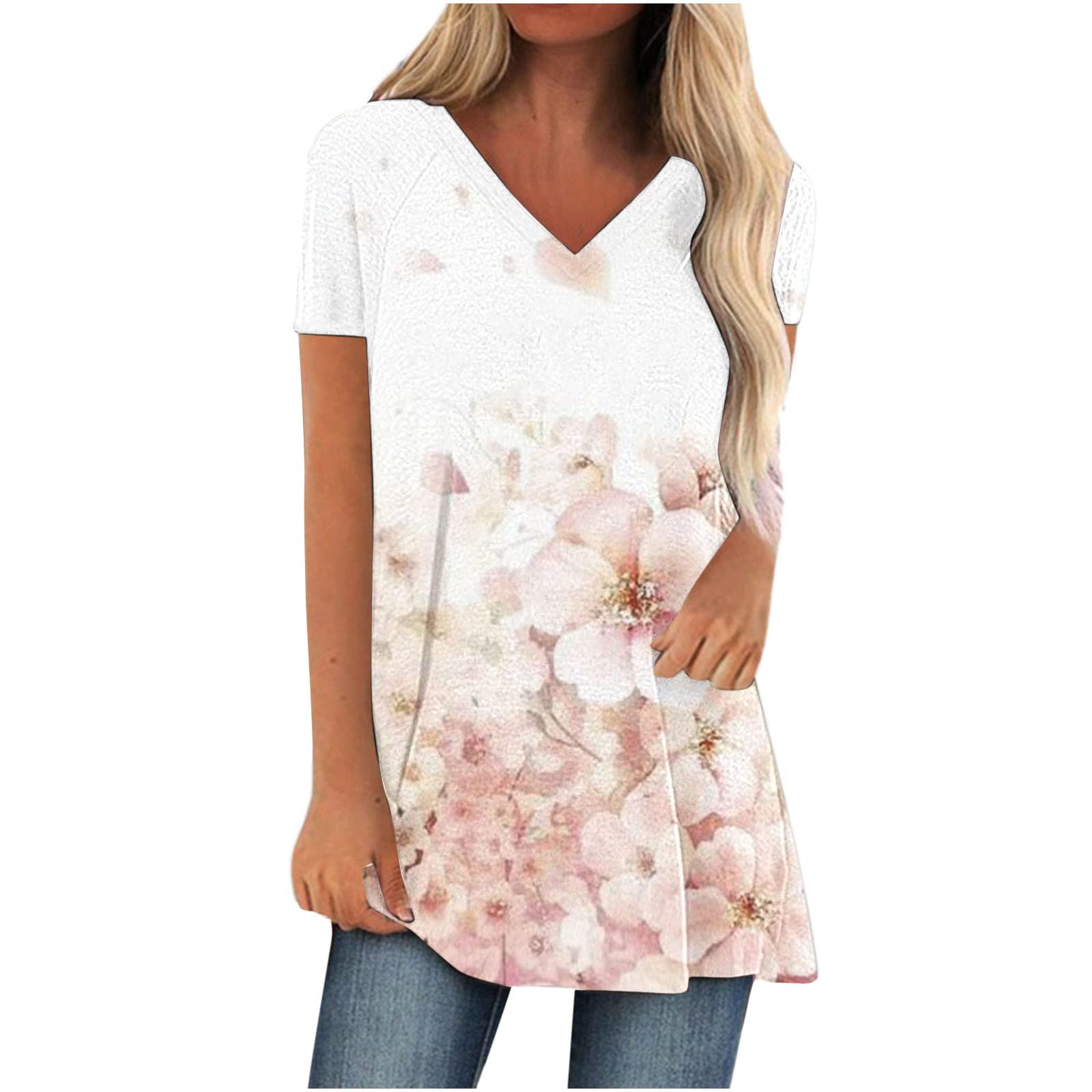 2022 Women's Floral Print Short Sleeve Tunics - Flowy Workout Tops for Leggings | Casual Wear, Yoga, Office & Everyday Outfits