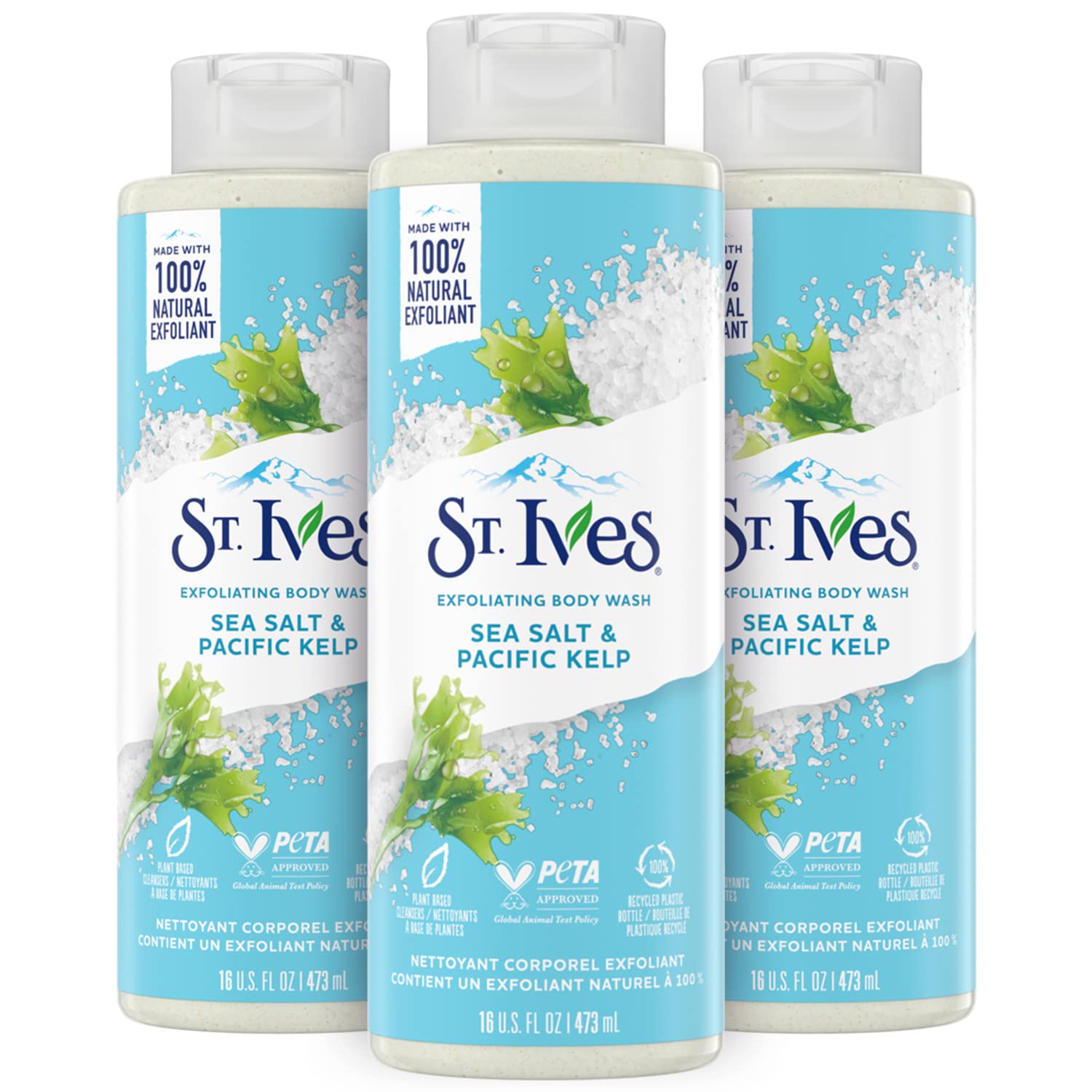 St. Ives Exfoliating Body Wash with Sea Salt & Pacific Kelp - Natural Body Scrub for Glowing Skin, 16 Oz (Pack of 3) | Plant-Based Exfoliants for Smooth Skin | Perfect for Shower, Bath & Spa Day Self-Care Routine