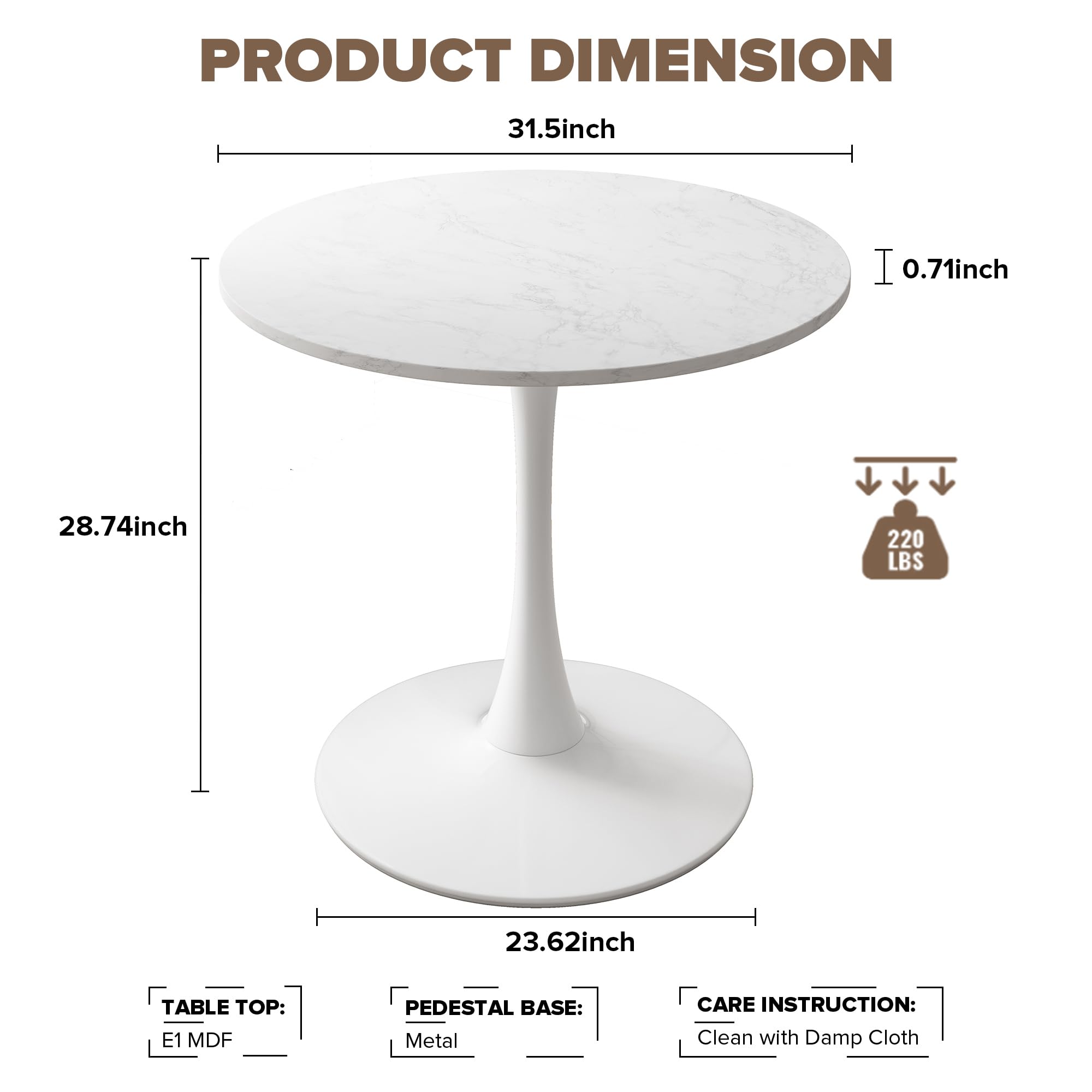 31.5 Inch Round Dining Table - Mid-Century Tulip Table with Sturdy Metal Pedestal Base | Modern Space-Saving Kitchen Table | Easy Assembly Marble Top White Finish | Perfect for Small Apartments & Cozy Dining Rooms