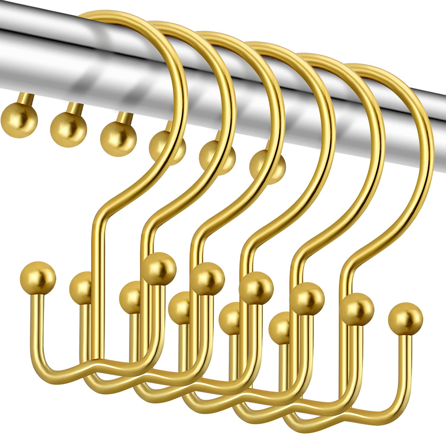 Premium Gold Shower Curtain Hooks - 12 Pack Stainless Steel Double Rings with Anti-Rust & Anti-Drop Design for Bathroom Decor - Perfect for Luxury Hotels, Spa Resorts and Modern Home Bathrooms