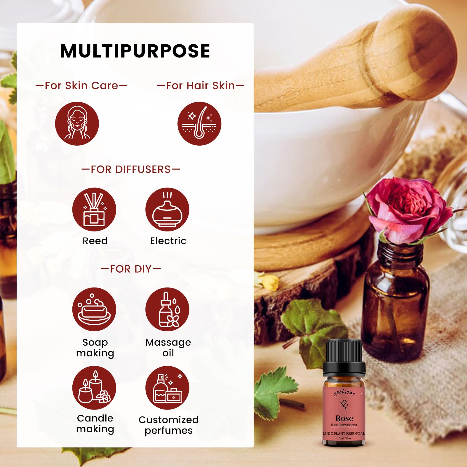 100% Pure Yethious Rose Essential Oil - 10ML Natural Aromatherapy Oil for Diffusers, DIY Candle & Soap Making, Massage & Skin Care | Relaxing Scent for Spa, Yoga & Home Fragrance