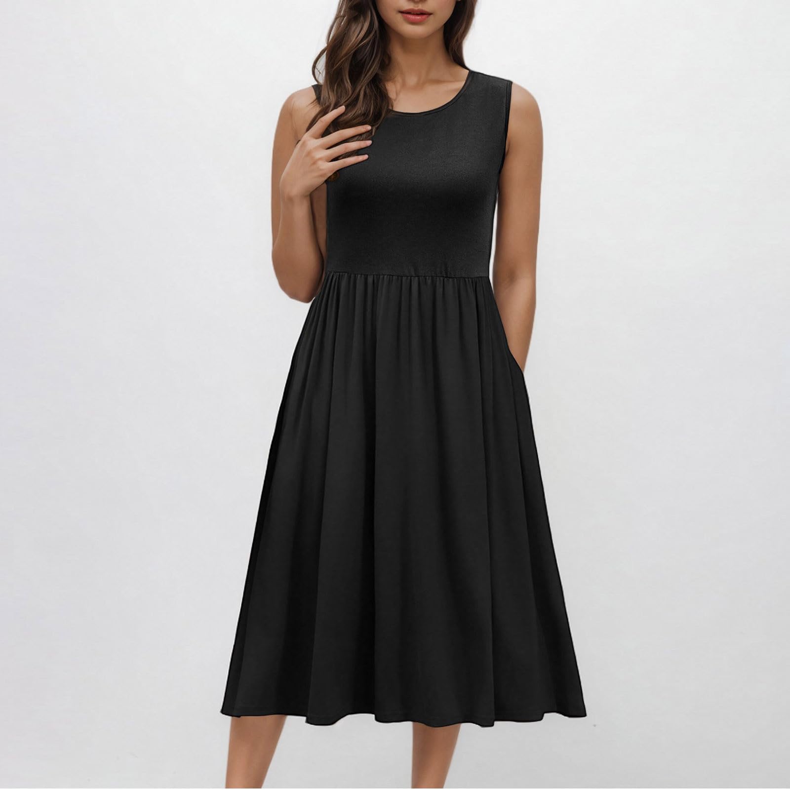 2025 Women's Boho Floral Sleeveless Midi Dress - Spring Summer Casual Tie Waist Pleated Flowy Dress with Pockets | Perfect for Beach Vacations, Date Nights & Outdoor Parties
