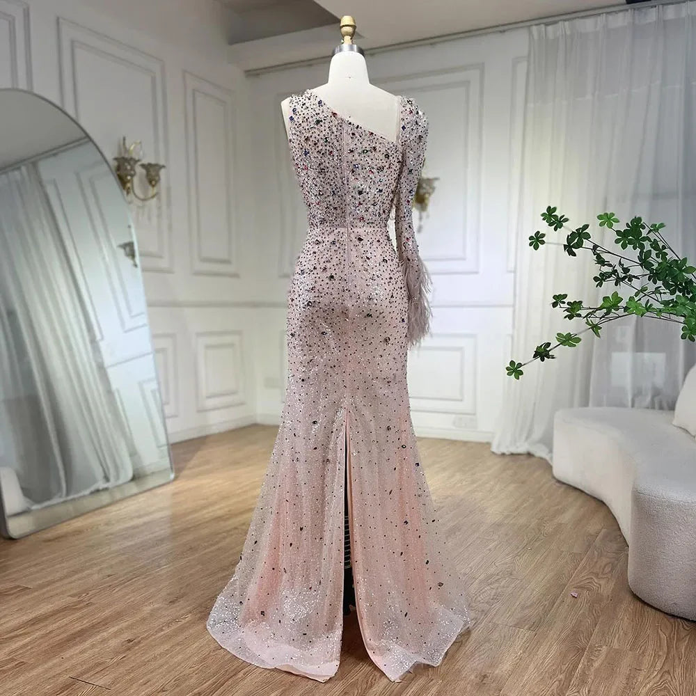 Elegant Pink Mermaid Evening Dress with Crystal Beads & Feather Skirt - Luxury Women's Wedding Party Gown for Prom, Quinceañera & Formal Events 2025 LA72377