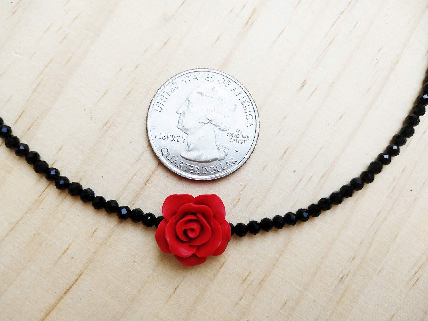 **Red Rose Choker Necklace - 925 Sterling Silver Black Spinel Beads & 15MM Flower Pendant - Adjustable 13+2